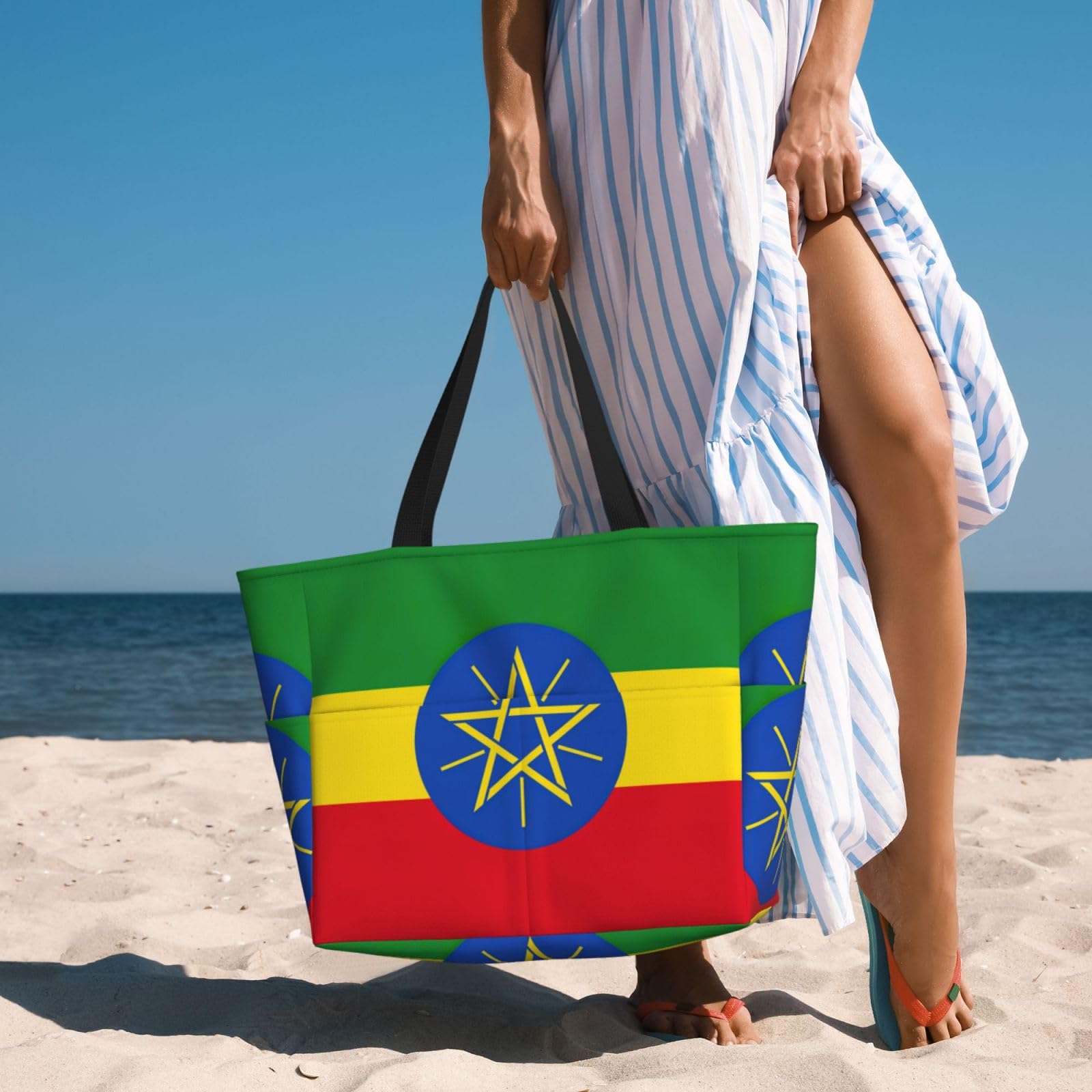 Ethiopia Flag Beach Bag - Large Tote for Travel & Women | Black