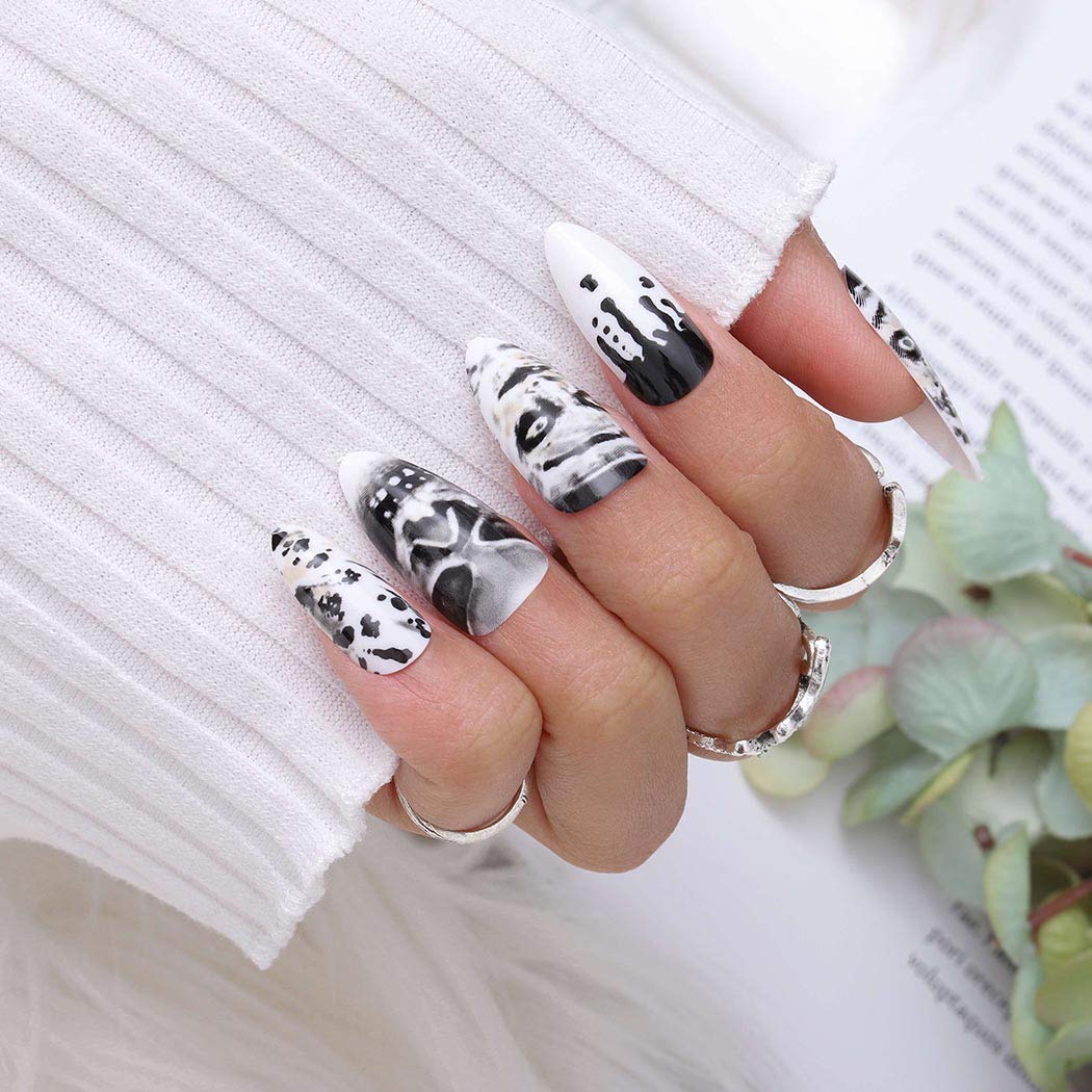 Gangel Skull Glossy Press-On Nails - Black & White Acrylic Fake Nails with Sharp Design, Full Cover Long False Nails for Women & Girls (24Pcs) - Perfect for Halloween Parties, Cosplay & Gothic Fashion