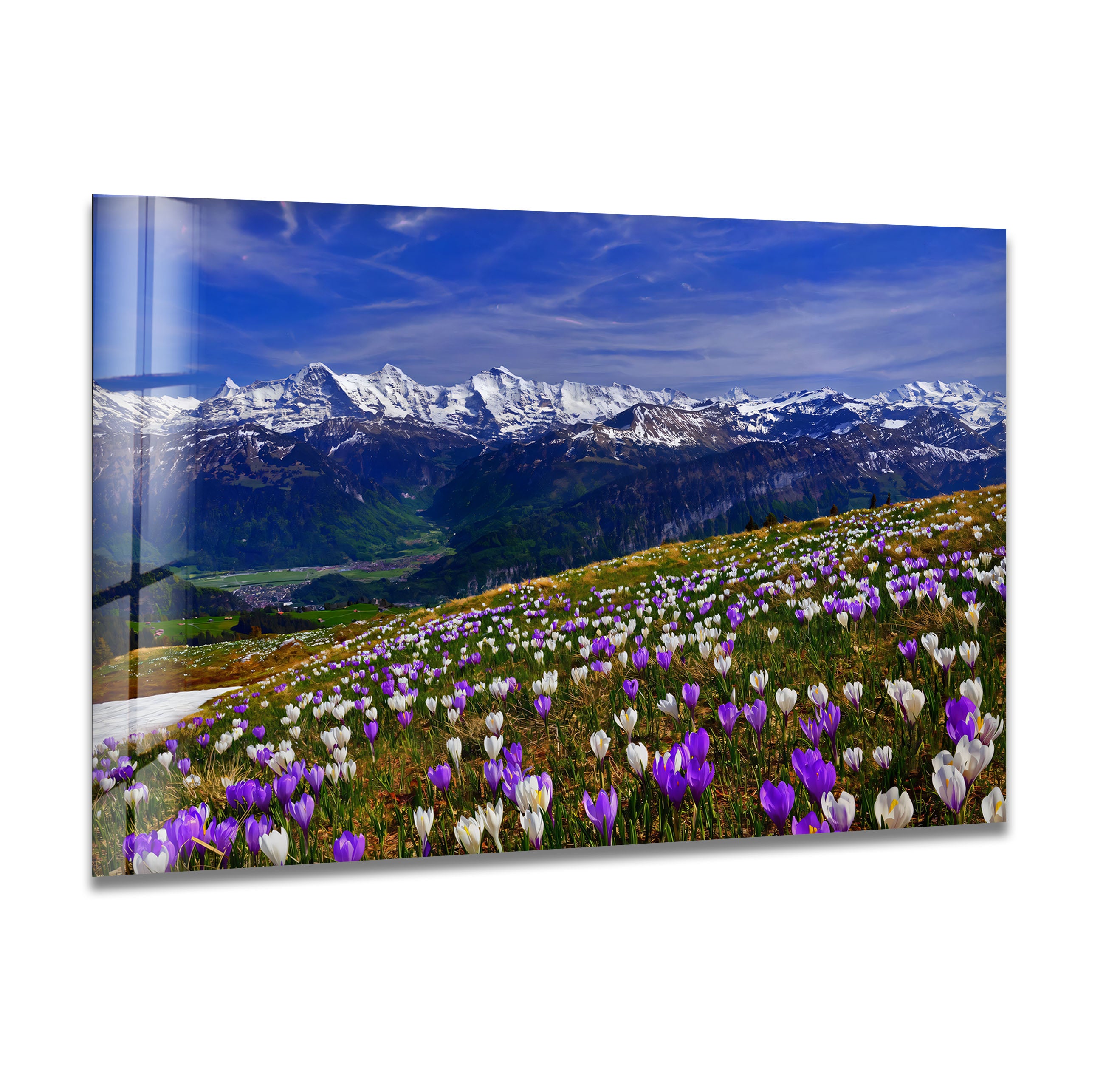 Alpine Meadow Glass Wall Art – Majestic Mountain & Blooming Wildflower Landscape Decor for Living Room, Bedroom & Office – Nature Inspired Home Décor