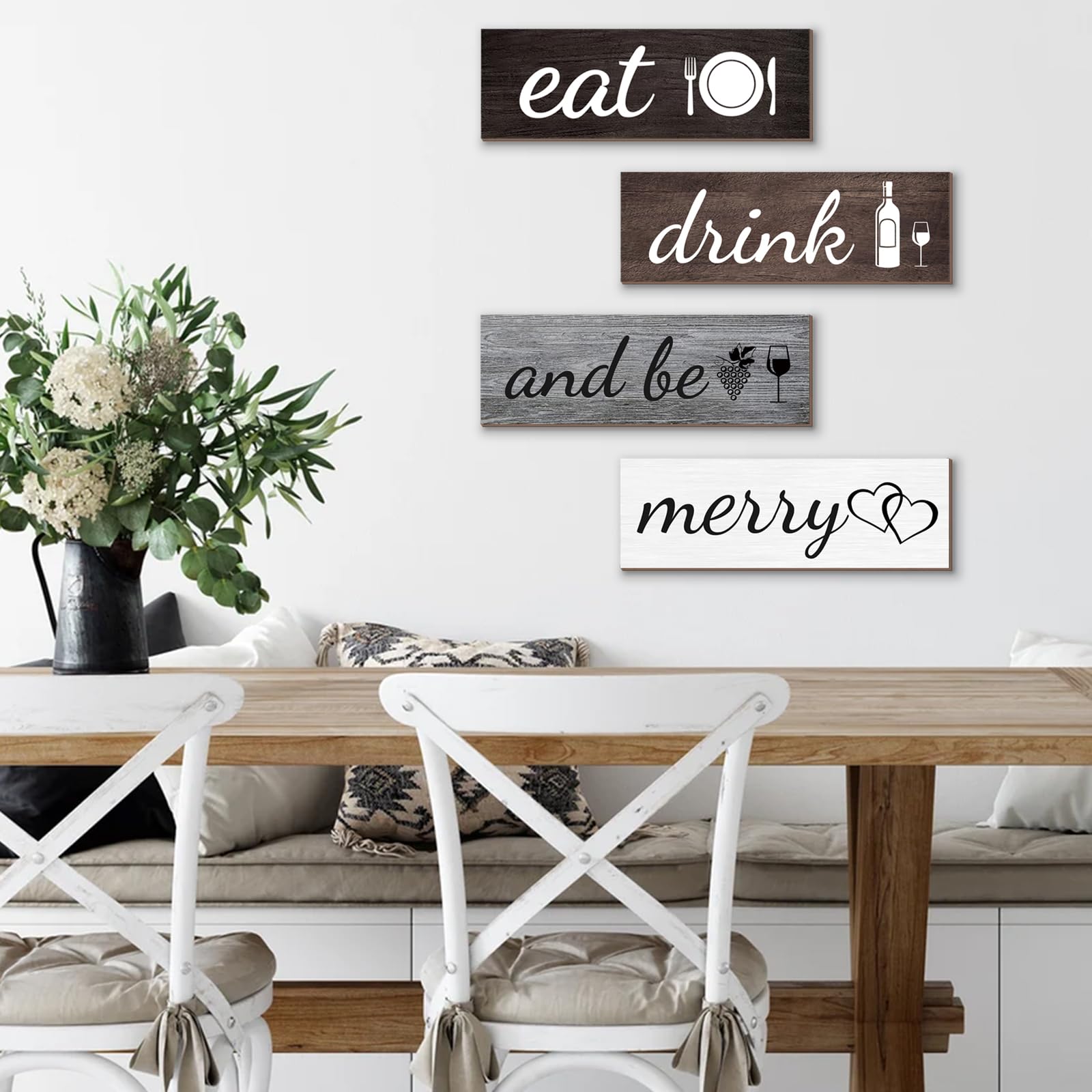 Joyhawk 4-Piece Rustic Farmhouse Kitchen Decor Set - Wooden 'Eat' & 'Drink and Be Merry' Wall Art Signs for Dining Room & Home - Perfect for Country Style Kitchens, Restaurants, and Farmhouse Themed Weddings
