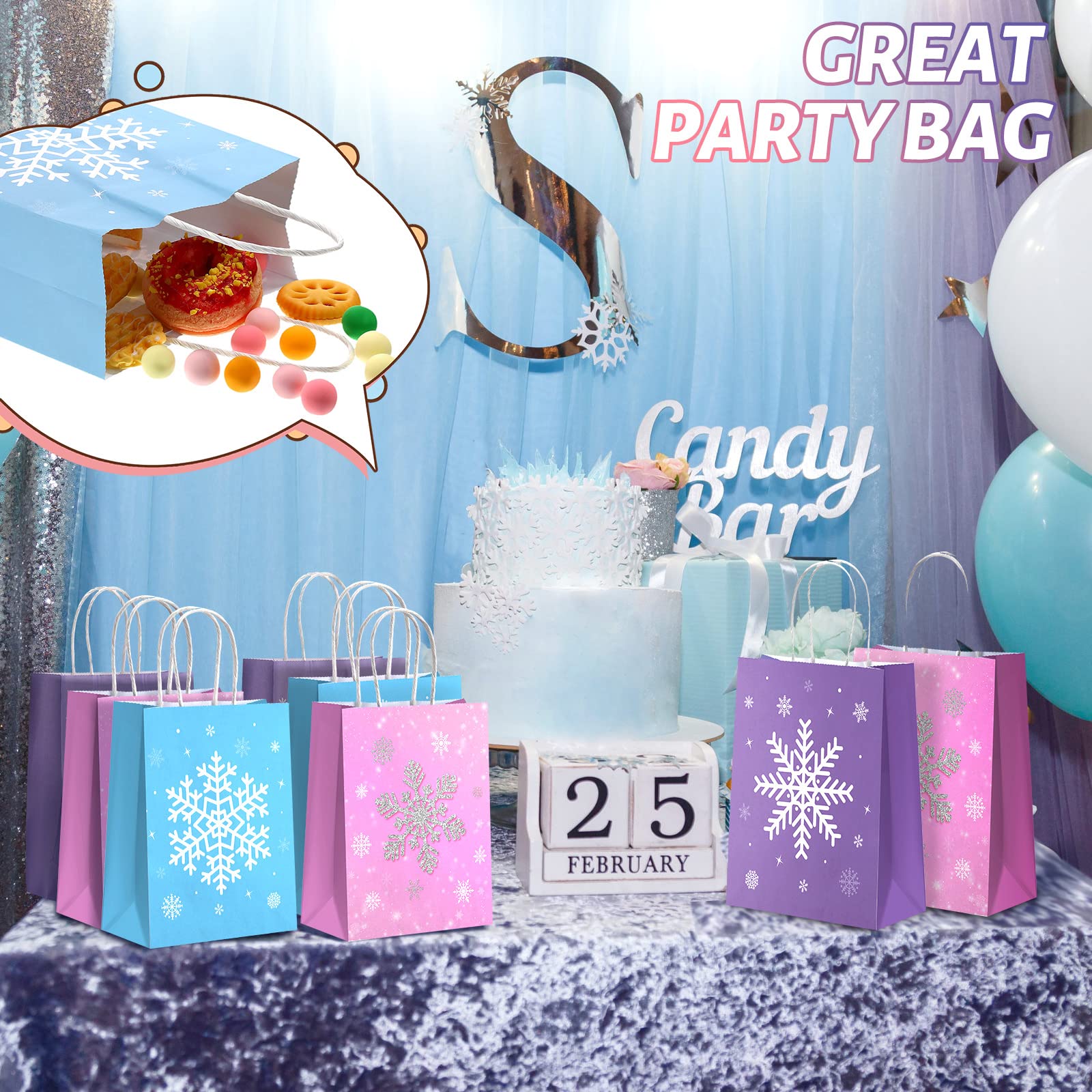 21-Piece Snowflake Party Favor Bags - Kraft Paper Frozen-Themed Treat Bags with Handles for Christmas, Winter Wonderland & Birthday Parties - Perfect for Candy, Gifts & Goodie Bags (Holiday Party Supplies)