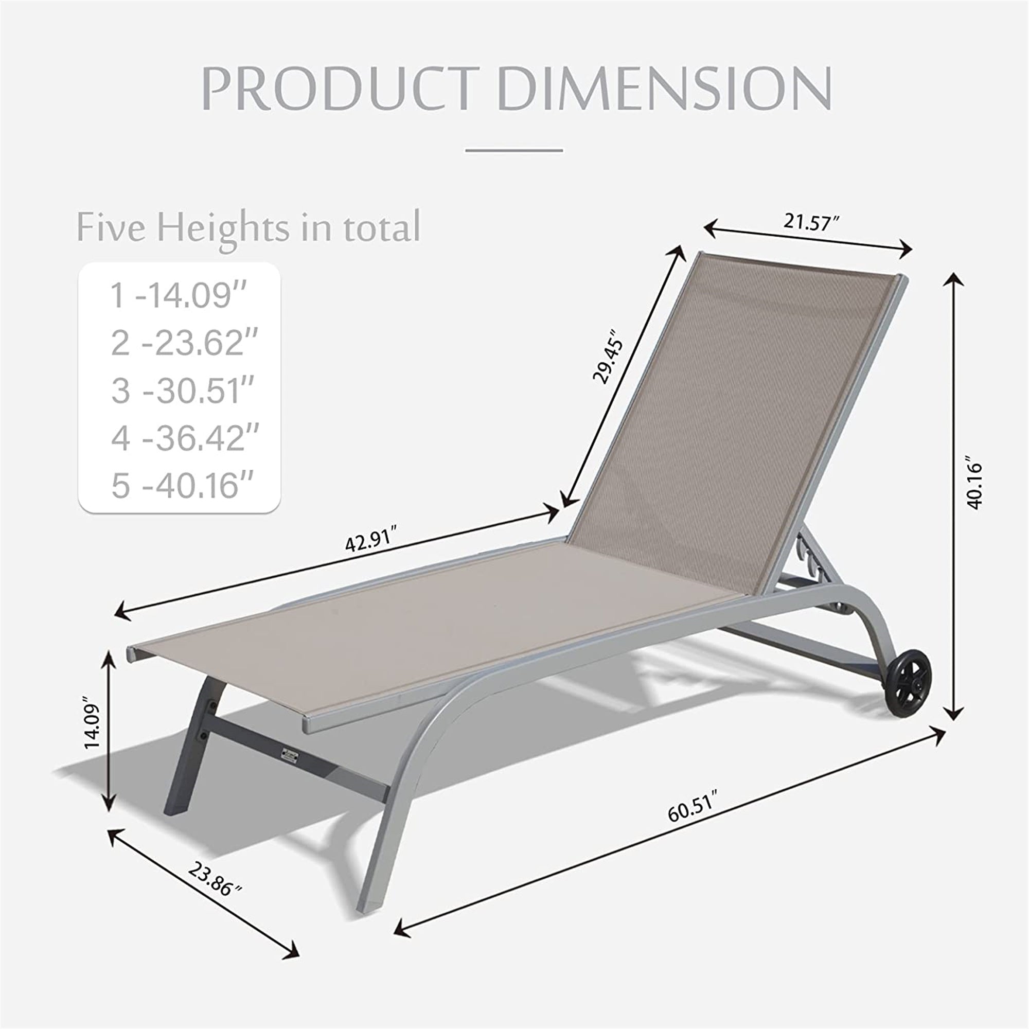 Premium Outdoor Chaise Lounge Set of 2 - Adjustable Patio Lounge Chairs with Wheels for Poolside, Beach & Backyard - 5-Position Reclining Sunbathing Chairs (Khaki) - Perfect for Relaxing by the Pool, Sunbathing at the Beach or Lounging in Your Garden