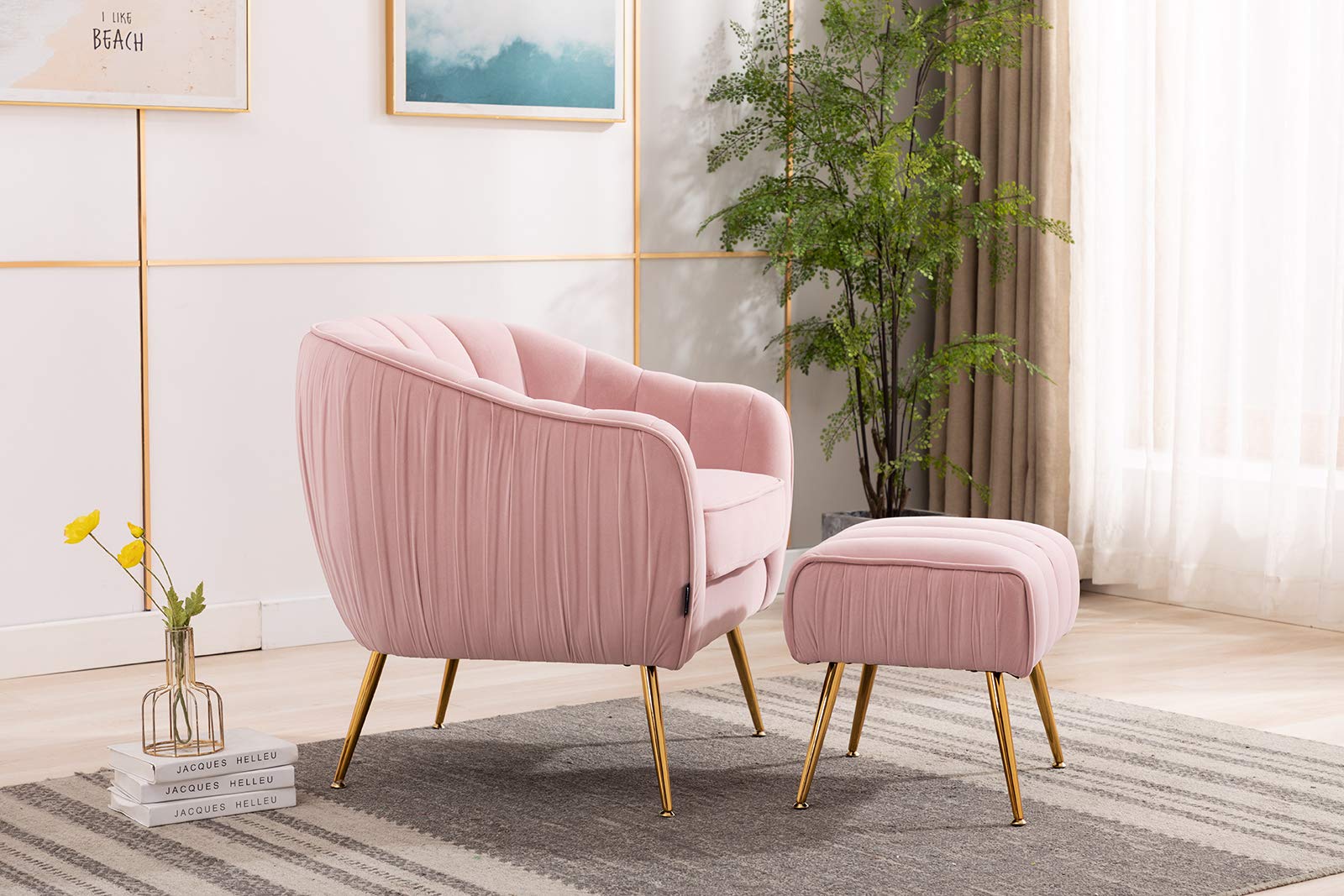 Velvet Modern Barrel Arm Chair with Gold Metal Legs & Ottoman - Tufted Upholstered Accent Club Chair for Living Room, Bedroom, Reading Nook - Pink Velvet Lounge Chair for Relaxing, Reading & Home Decor