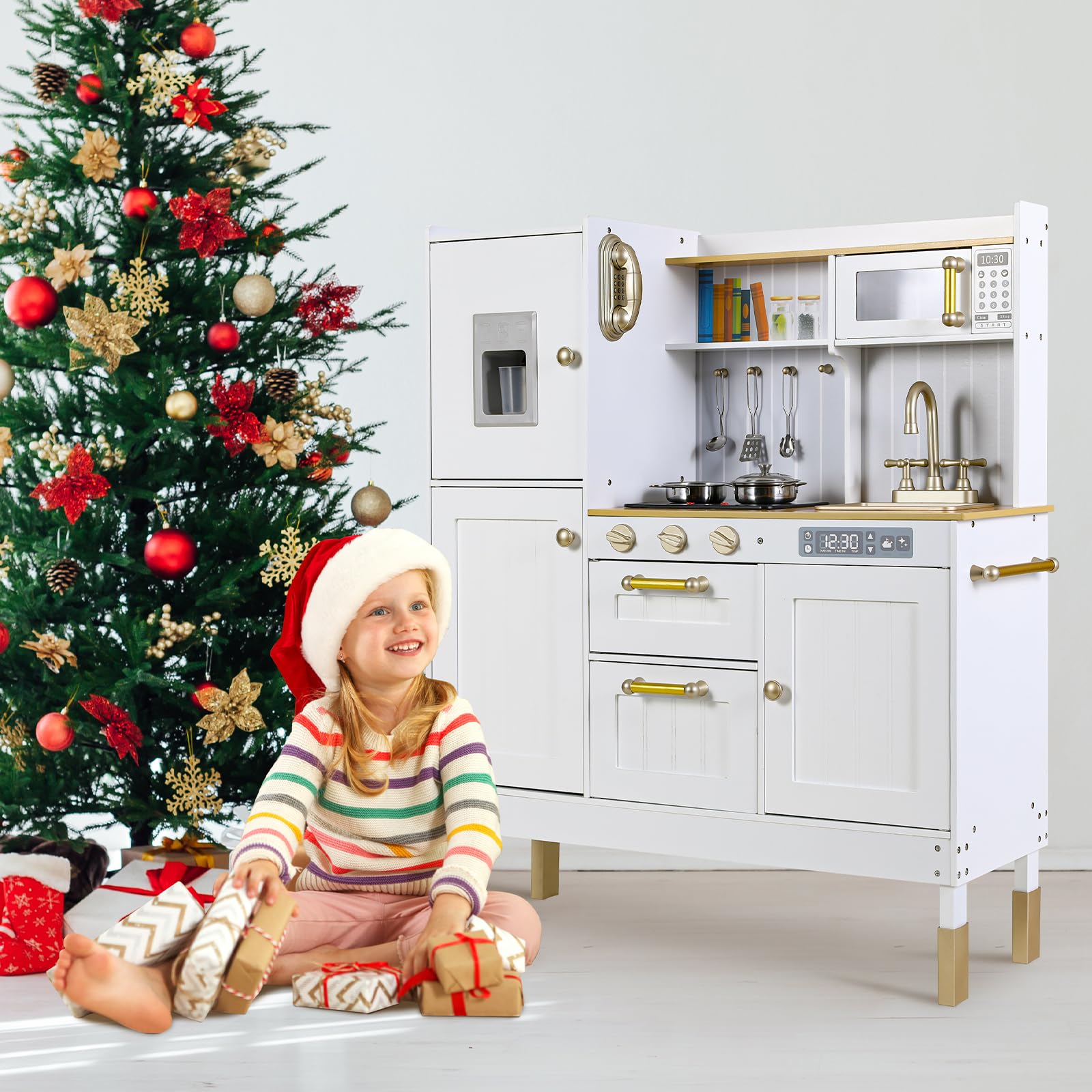 **Arlopu Wooden Play Kitchen for Kids - Pretend Cooking Set with Realistic Light & Sound, Stove, Fridge, Microwave & Removable Sink - Interactive Toy Kitchen for Toddlers & Preschoolers (White) - Perfect for Role Play, Birthday Gifts & Indoor Pretend Play**