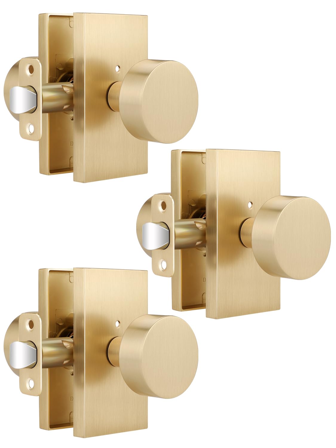 EHOMEWARE 3-Pack Gold Privacy Door Knobs with Lock - Bedroom & Bathroom Interior Door Handles, Reversible for Left/Right Doors, Rectangular Base - No Key Needed for Home, Office, or Apartment Use