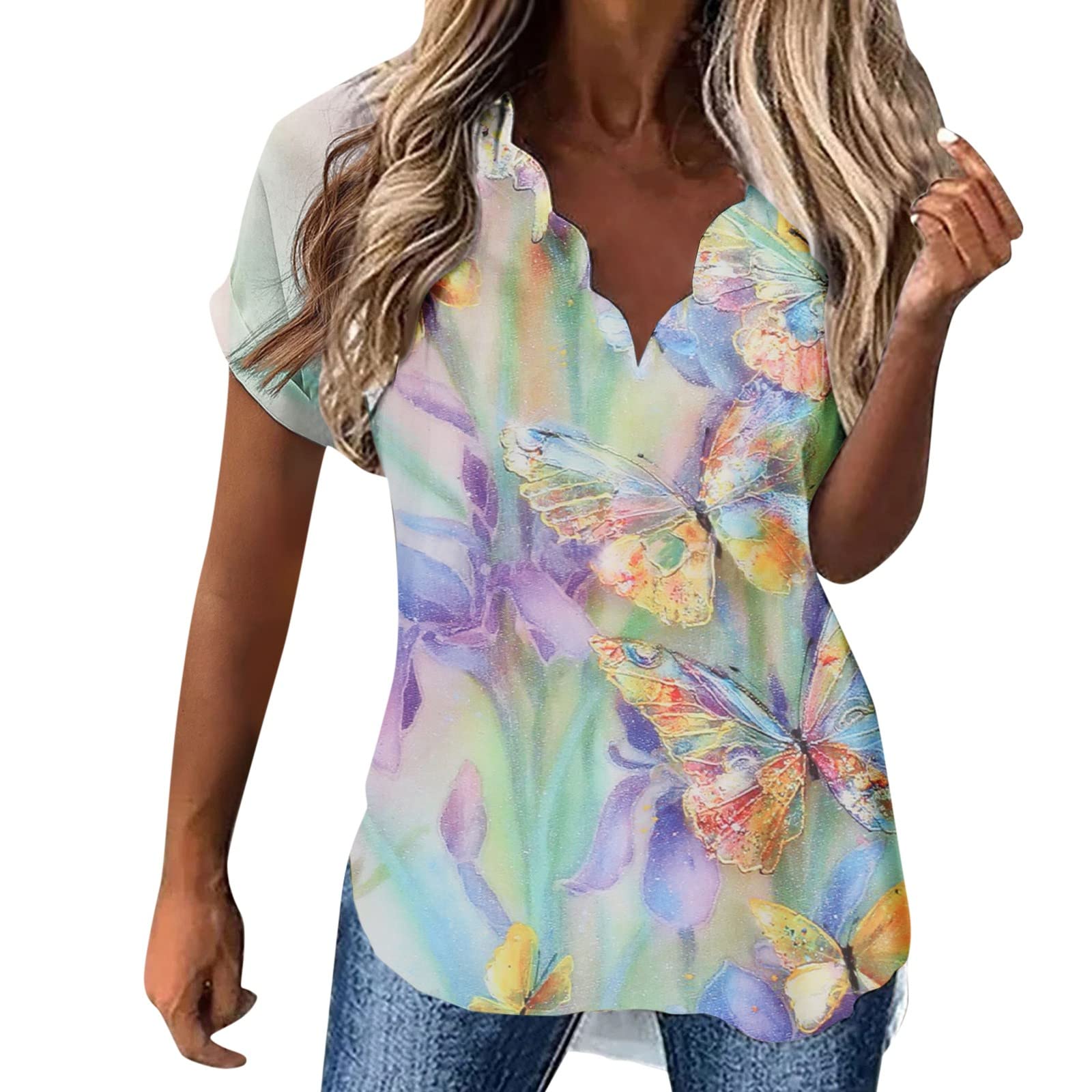 Pandaie Women's Loose Fit Short Sleeve V-Neck Floral Print Casual T-Shirt - Summer Blouse for Beach, Travel & Everyday Wear