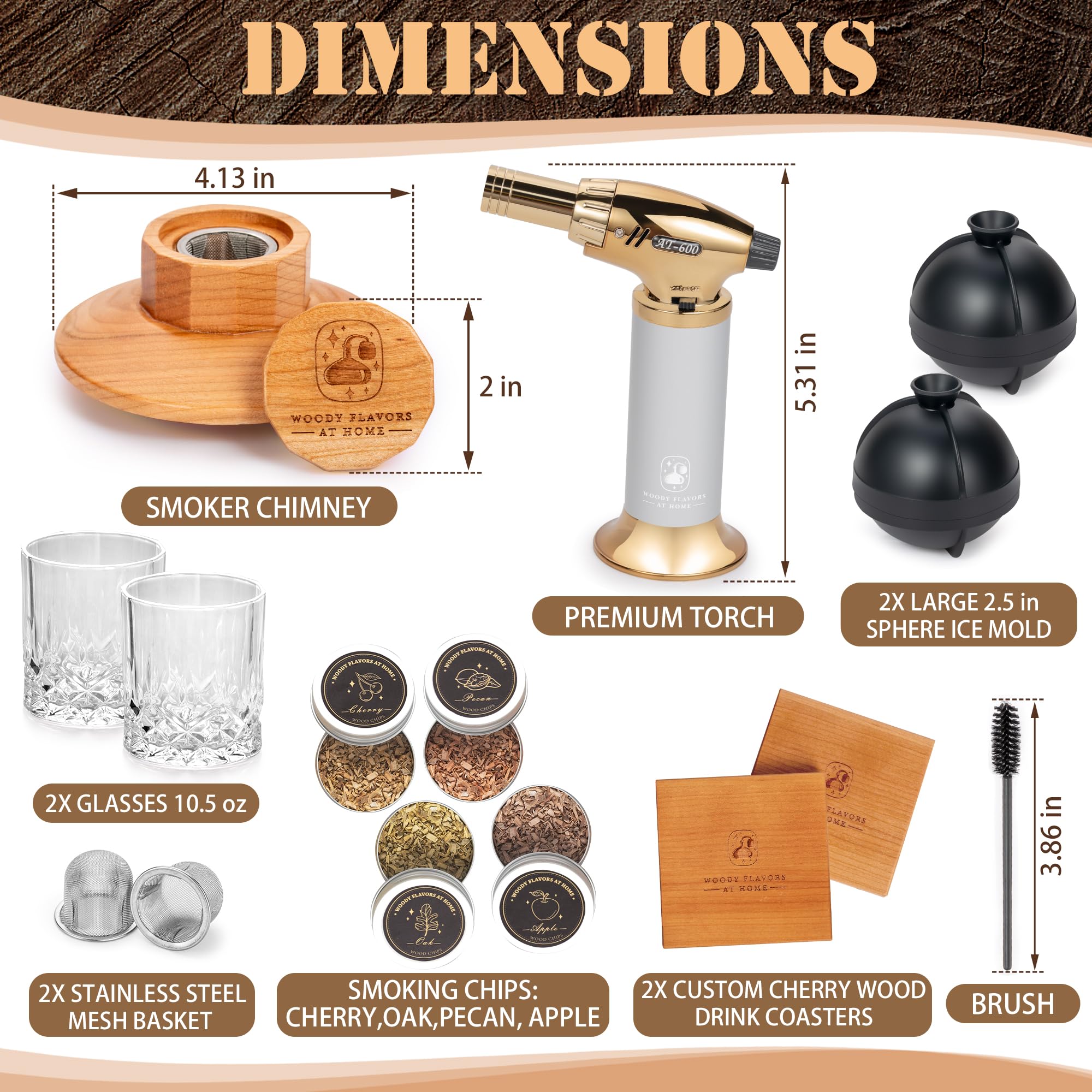 Premium Old Fashioned Cocktail Smoker Kit - Whiskey & Bourbon Smoking Set with Cherry Wood Chips, Culinary Torch, Ice Spheres, 2 Coasters & 2 Glasses - Perfect for Home Bars, Cocktail Parties & Gift Giving