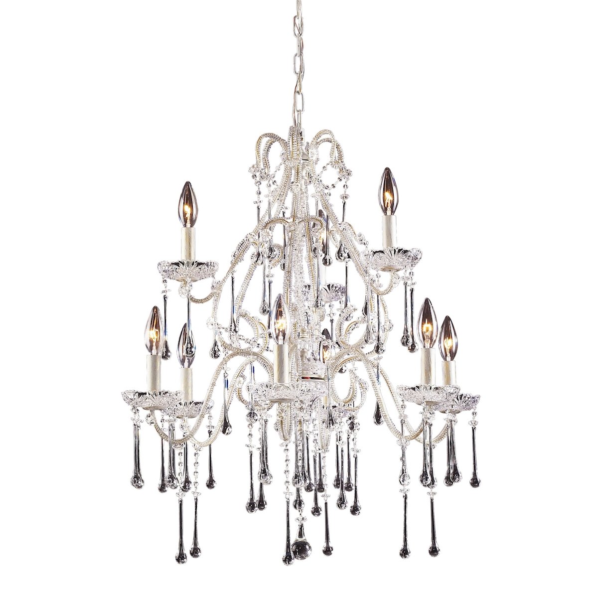 Opulence 9-Light Chandelier in Antique White with Clear Crystals - Elegant Crystal Ceiling Light Fixture for Dining Room, Living Room & Bedroom Decor