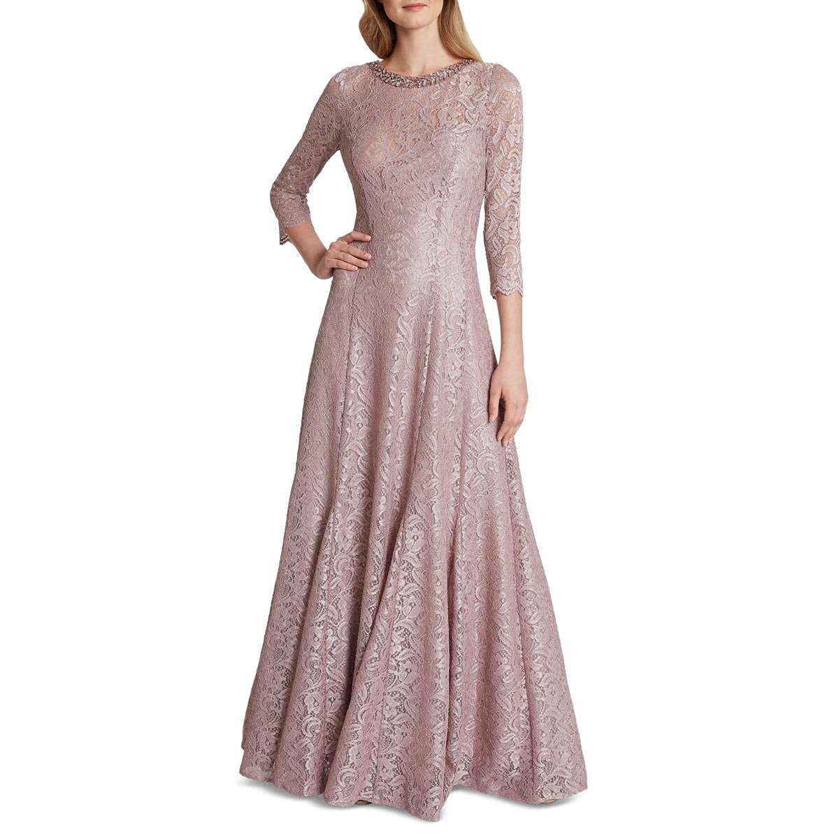 Tahari ASL Women's Long Sleeve Embellished Neck Gown - Elegant Evening Dress for Weddings, Parties & Special Occasions