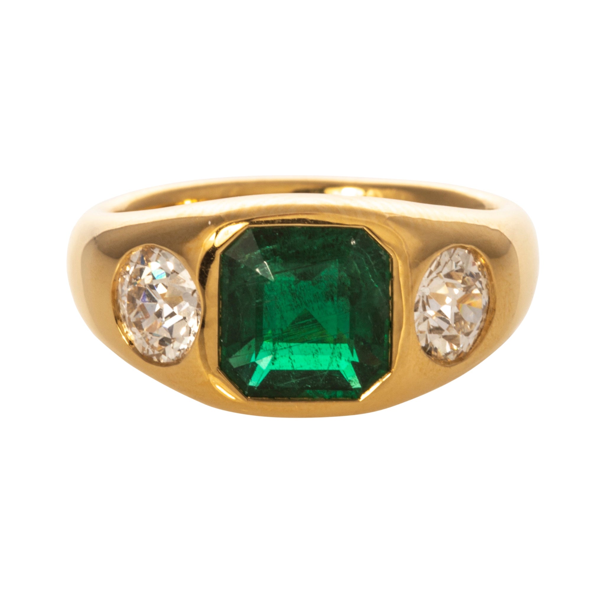 1.87ct Natural Emerald & Diamond Three Stone 18K Gold Gypsy Ring for Women | Vintage Engagement, Wedding, Anniversary Jewelry Gift
