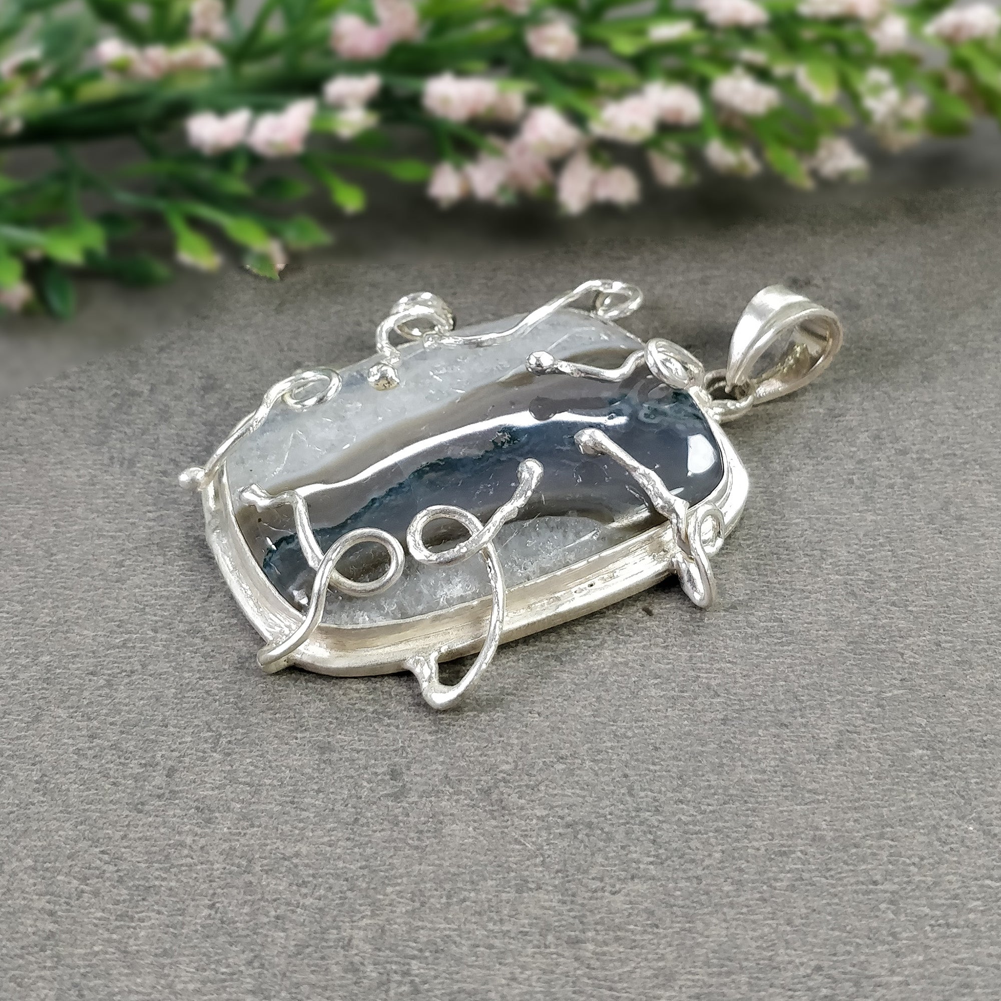 Natural Botswana Agate Pendant - 26.84g Untreated Agate Cabochon in 925 Sterling Silver Bezel Setting (2.25 Inch) | Handmade Gemstone Jewelry for Women, Healing Crystal Necklace for Meditation & Spiritual Gifts