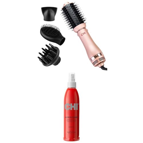 CHI Volumizer 4-in-1 Blowout Brush & Hair Dryer with 44 Iron Guard Thermal Protection Spray - Rose Gold Styler for Smooth Silky Shiny Hair - 8oz Heat Protectant for Frizz Control & Shine - Perfect for Salon-Quality Blowouts at Home