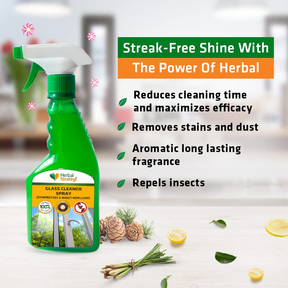 Herbal Strategi Glass Cleaner Spray with Lemongrass, Bhutika Oil, Devadaru Oil & Sarala Oil - 500ml (Pack of 2) | Streak-Free, Natural Cleaning for Windows, Mirrors & Glass Surfaces | Eco-Friendly Home & Office Cleaning Solution