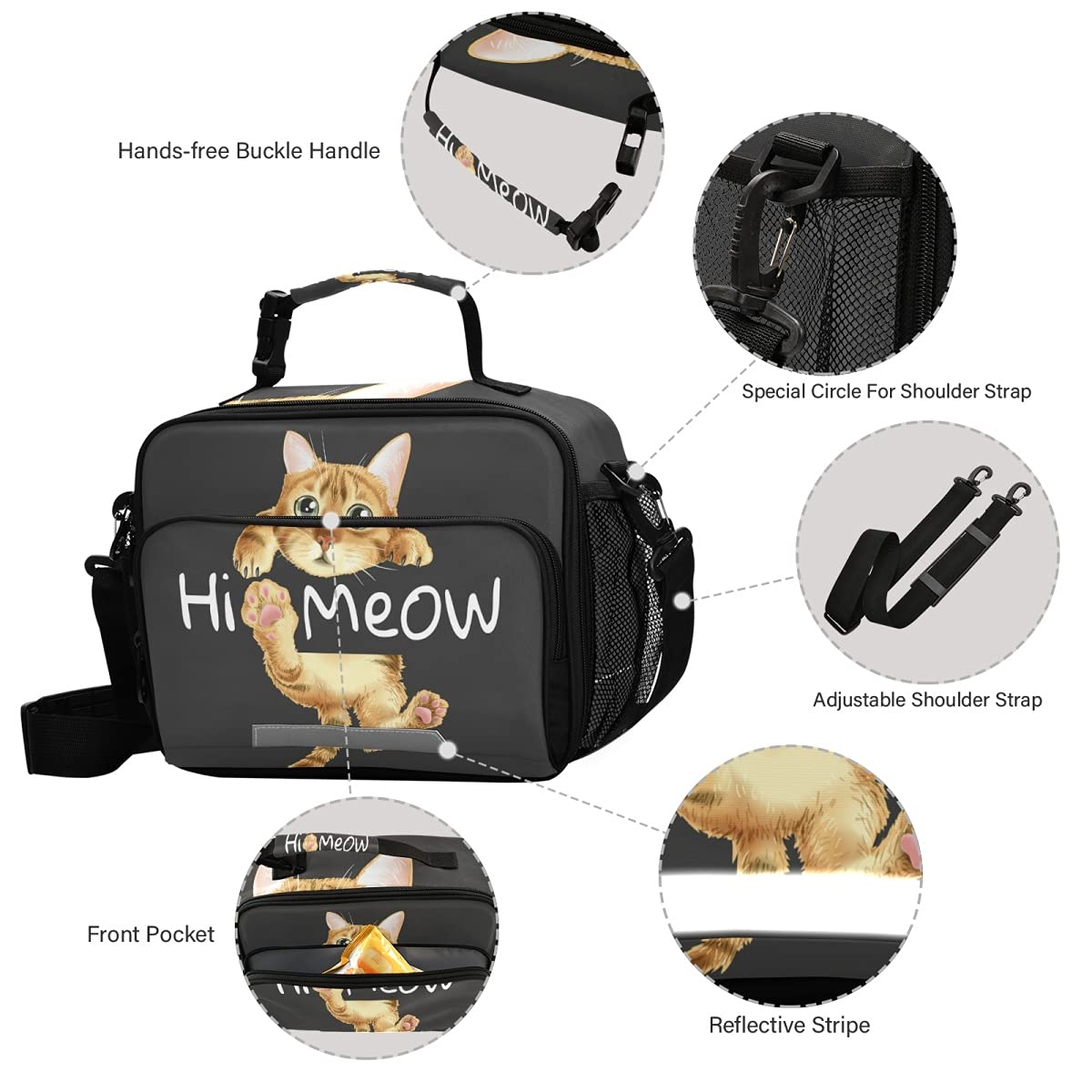 Insulated Cat-Themed Lunch Box for Kids & Teens - Cute Hanging Hi Meow Design, School & Picnic Cooler Tote Bag for Boys & Girls | Perfect for School Lunches, Outdoor Picnics & Daily Use