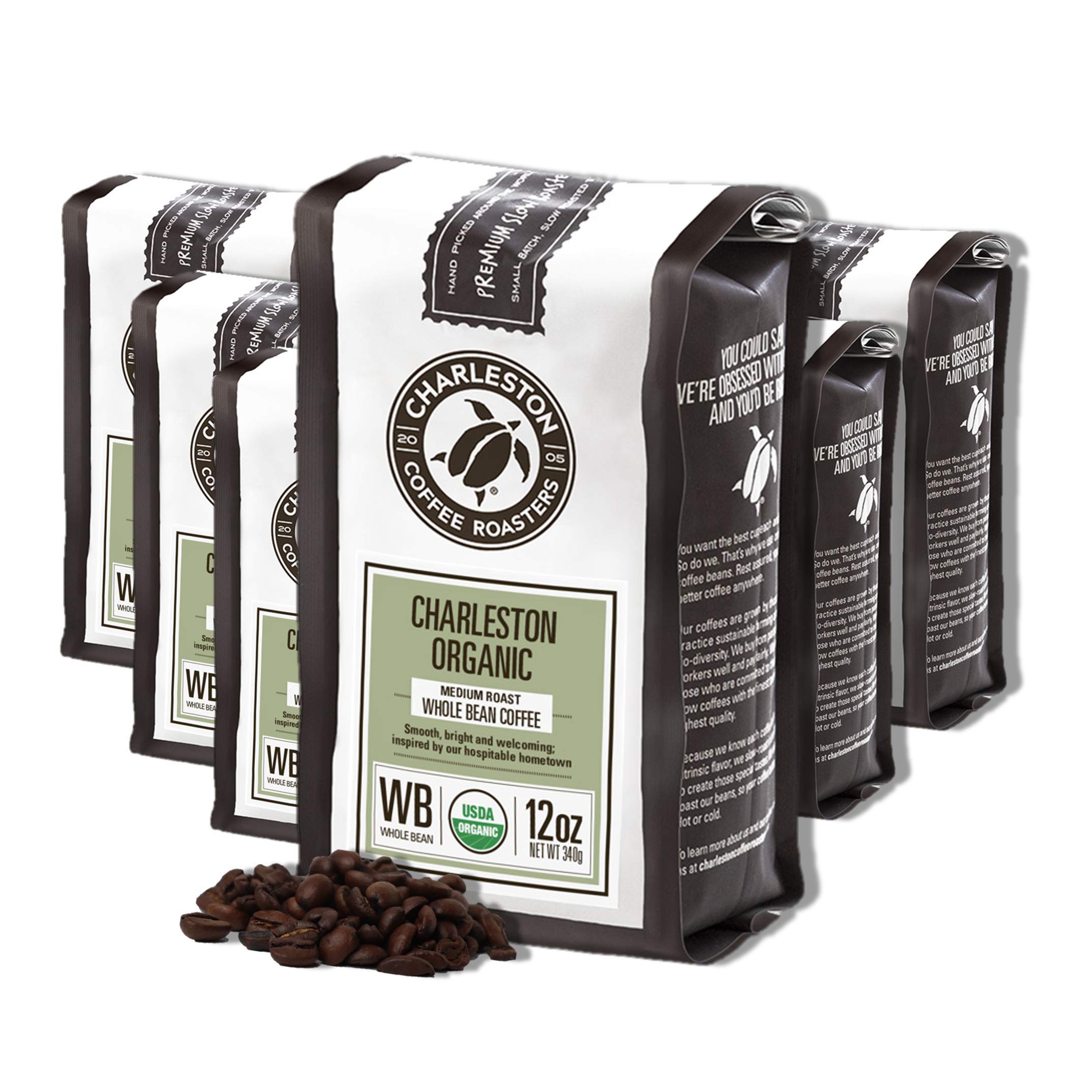 Charleston Coffee Roasters Organic Whole Bean Coffee - Premium Hand Picked Slow Roasted Specialty Coffee Beans, Medium Roast, 12oz (6 Pack) - Perfect for Home Brewing, Office Use & Gifts