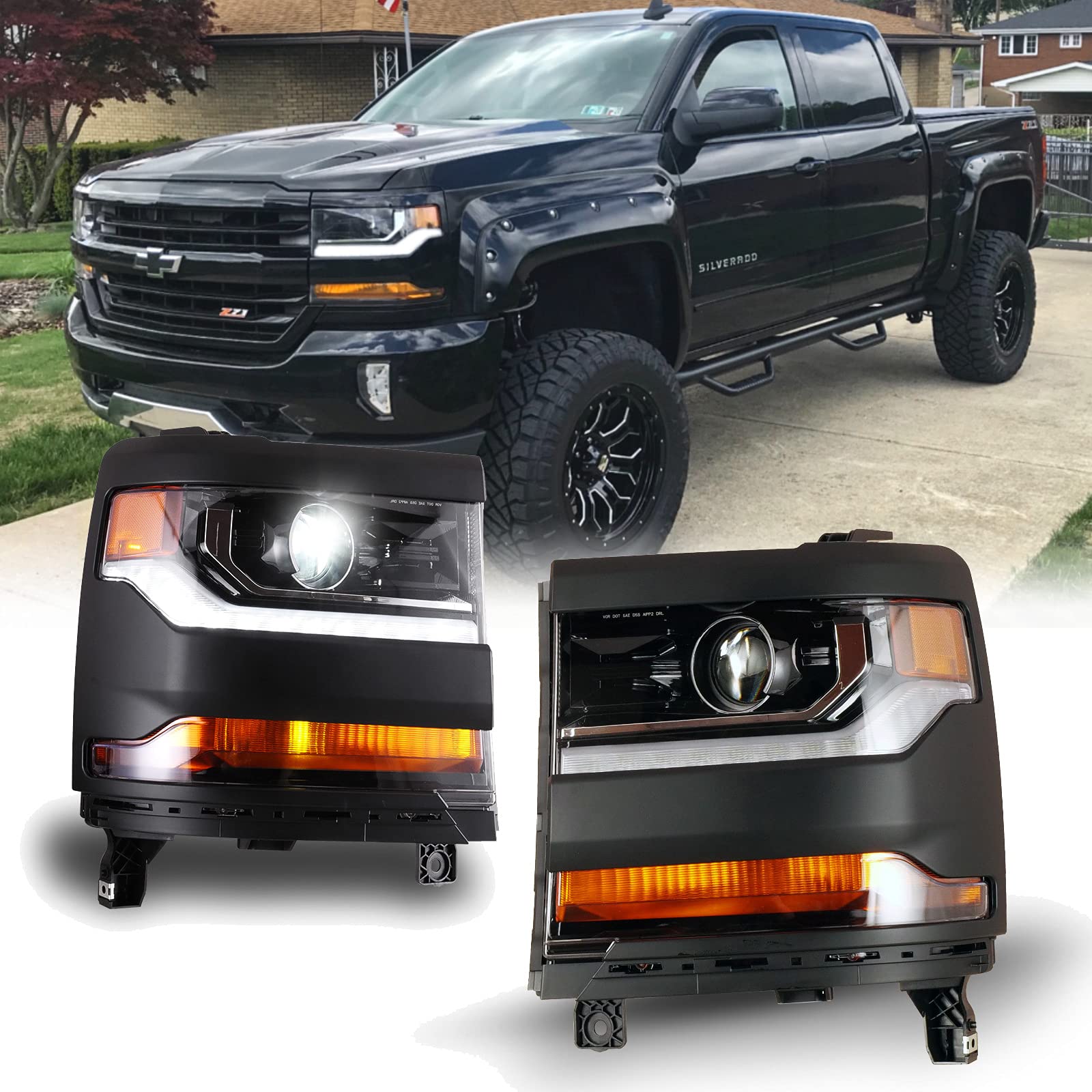 WOLFSTORM HID Headlight Kit for 2016-2019 Chevy Silverado 1500 - LED Daytime Running Lights & Projector Design - Black Headlight Assembly (1 Pair) - Perfect for Off-Roading & Night Driving