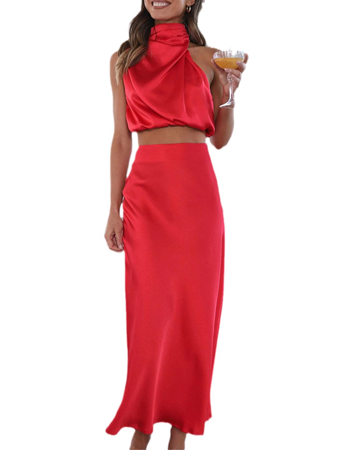 Women's Two Piece Skirts Set - Silk Pleated Collar Sleeveless Top & Ankle Length Skirt Outfit | Perfect for Summer, Office Wear & Special Occasions