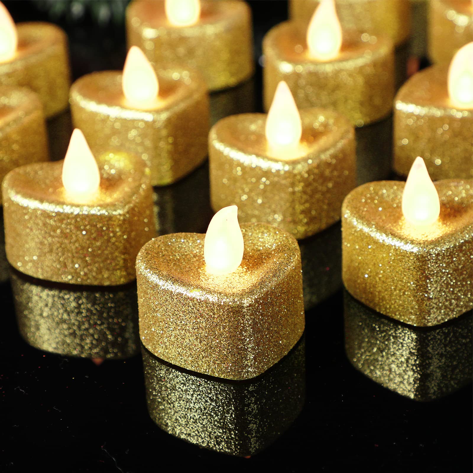 24 Pack Gold LED Flameless Tea Lights - Battery Operated Heart-Shaped Christmas Candles for Holiday, Wedding, Party Decorations | Romantic Centerpiece, Table Decor, Gift Box & Home Ambiance Lighting