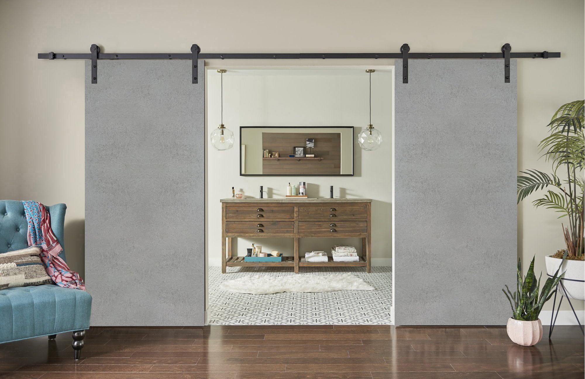 Sturdy 84x84 Inch Double Barn Door with Planum 0010 Concrete Finish | Top Mount 14ft Heavy Duty Rail Hangers | Solid Panel Interior Sliding Doors for Farmhouse, Loft & Industrial Style Homes