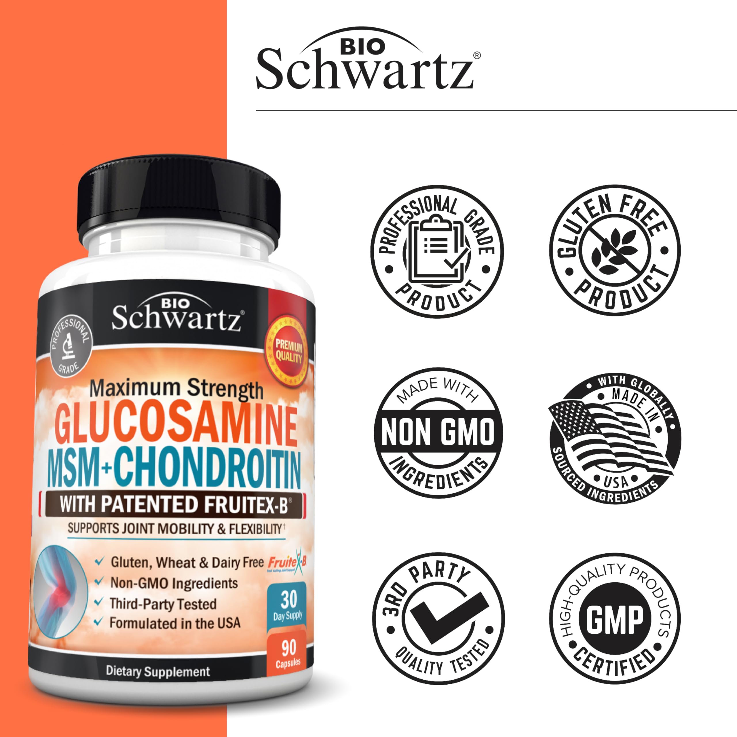 Glucosamine Chondroitin MSM Joint Support Supplement with Collagen Peptides, Turmeric & Hyaluronic Acid - 90 Capsules - FSA/HSA Approved, Gluten Free, Non-GMO - Supports Mobility & Comfort for Active Lifestyles, Athletes & Aging Adults