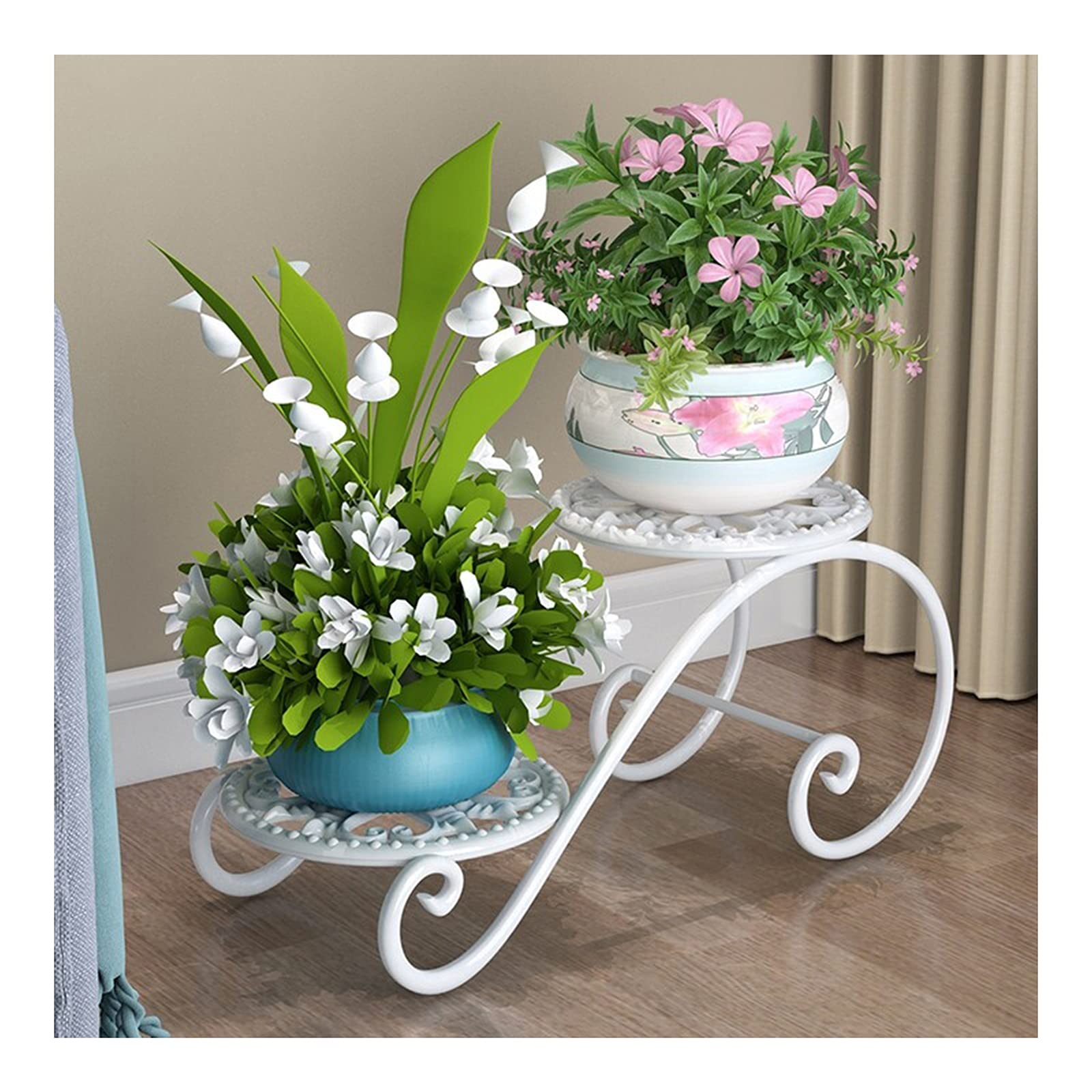 2-Tier Wrought Iron Plant Stand - Modern Indoor & Outdoor Flower Pot Holder for Garden, Balcony, Patio, Yard - White Decorative Shelf for Home & Garden Decor