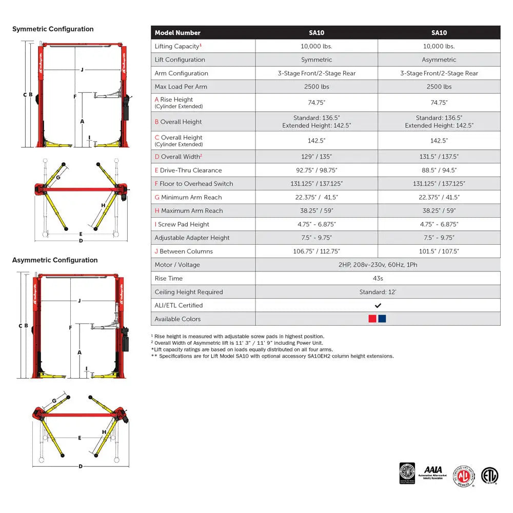 Challenger SA10 10K Symmetric/Asymmetric 2 Post Car Lift - Heavy Duty Auto Lift for Home Garage & Professional Workshop - Perfect for Car Repair, Maintenance & Detailing
