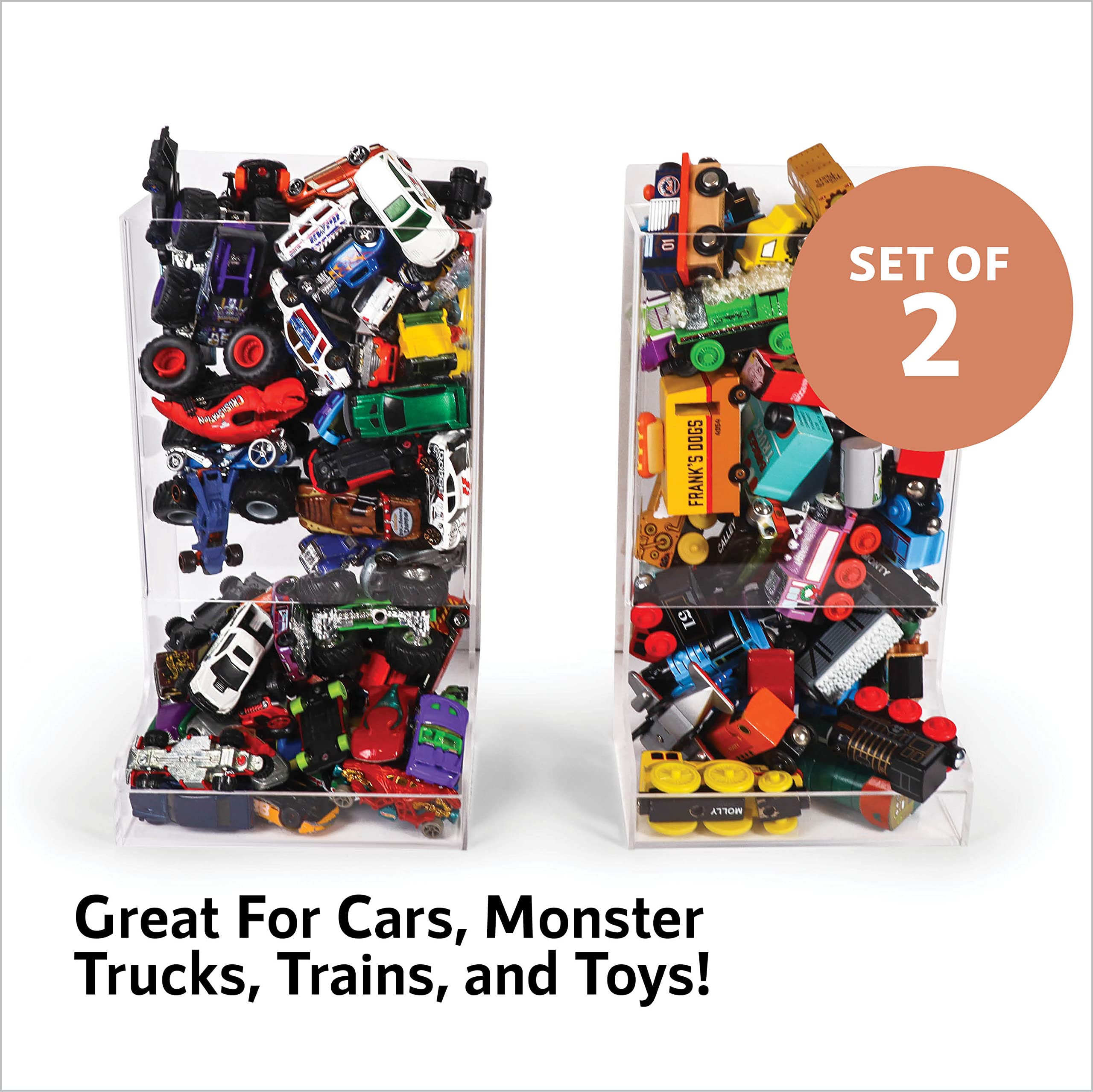 Acrylic Wall Organizer - 2 Pack Wall-Mounted Toy Storage Bin for Cars, Trains & Monster Trucks | Space-Saving Kids Room Organization | Perfect for Playrooms, Bedrooms & Daycare Centers
