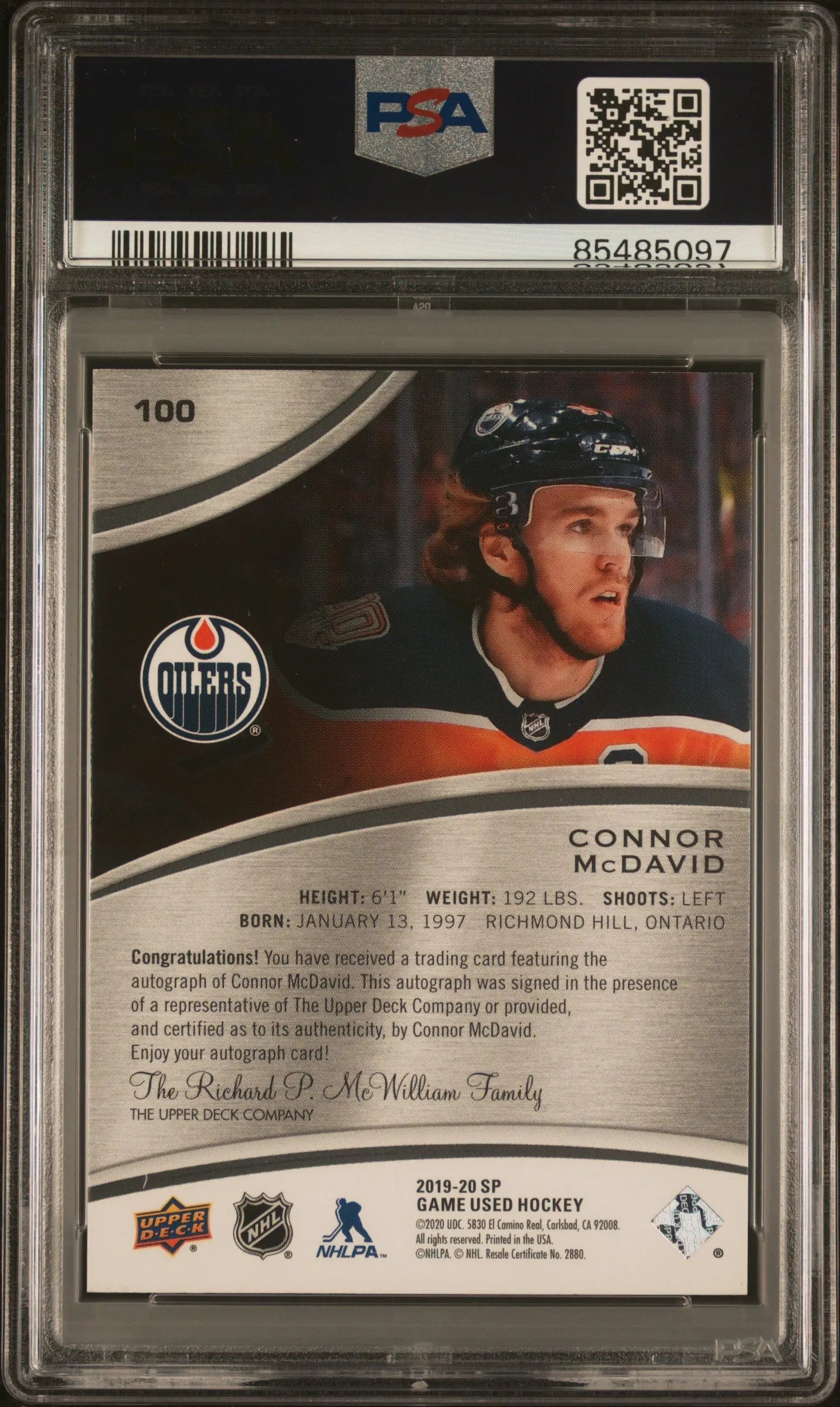 2019 Upper Deck SP Game Used Connor McDavid Black Rainbow Autograph Auto PSA 9 5/5 - Rare Hockey Trading Card for Collectors & Sports Memorabilia Fans - Perfect for Display, Investment & Gifting