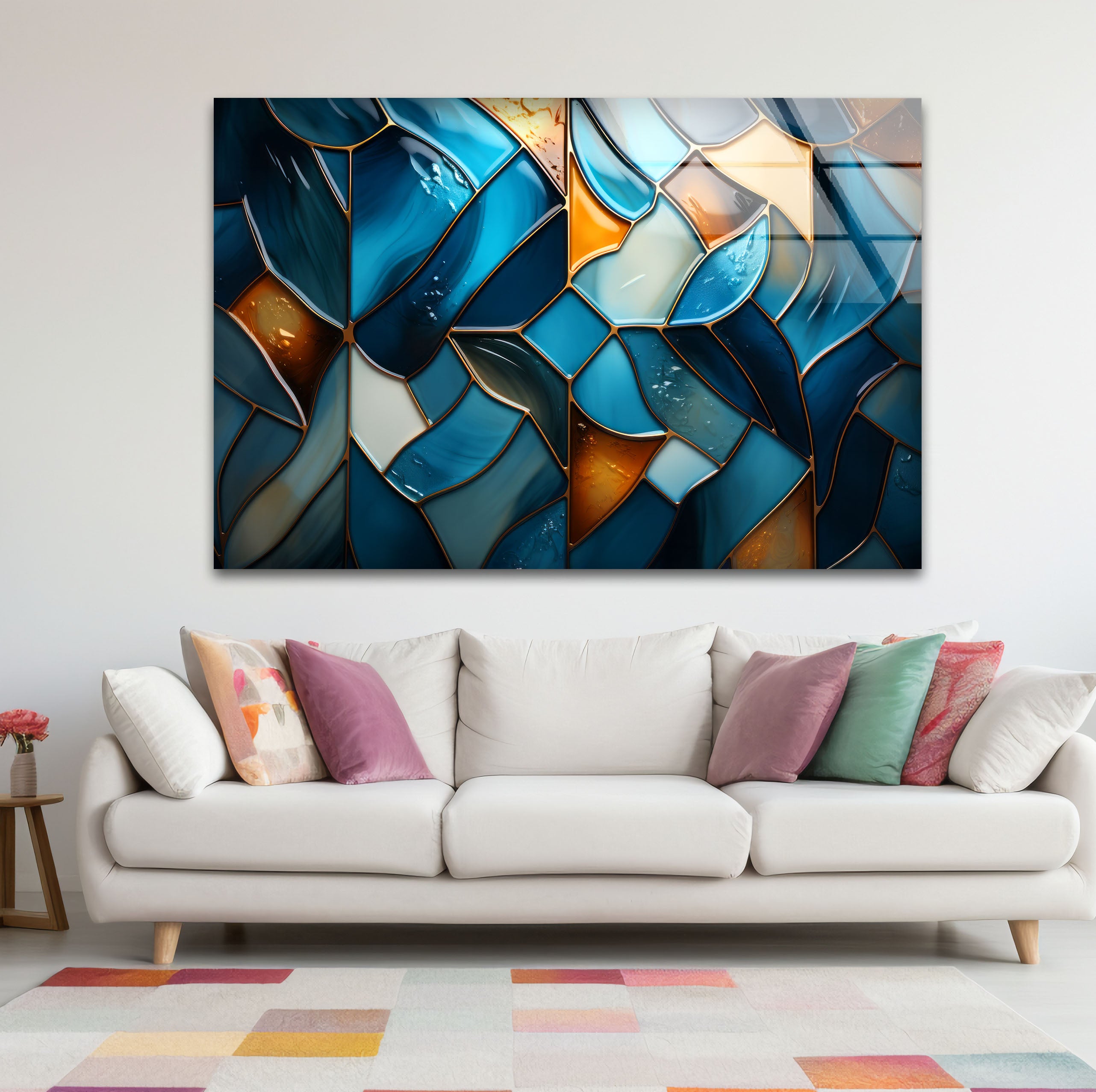 Blue Stained Glass Wall Art - Abstract Mosaic Glass Print Decor for Living Room, Bedroom & Office | Handmade Modern Home Decor