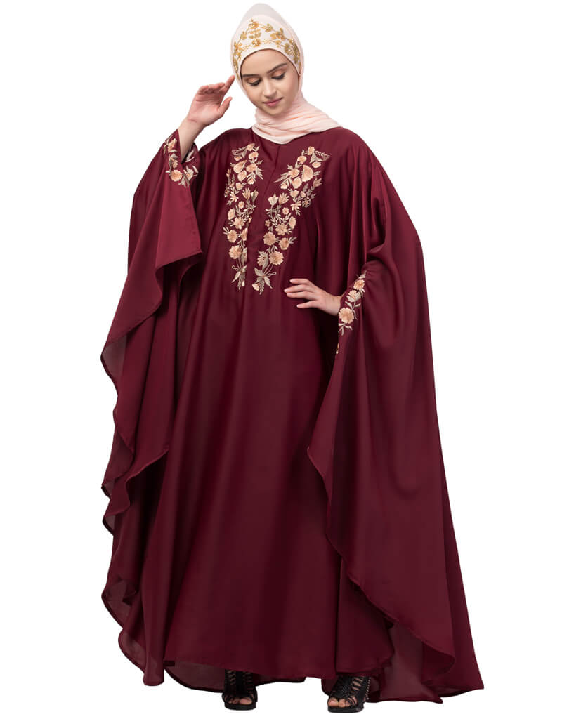 Elegant Arabic Embroidered Irani Kaftan - Maroon Neck & Sleeve Design | Perfect for Eid, Weddings & Special Occasions
