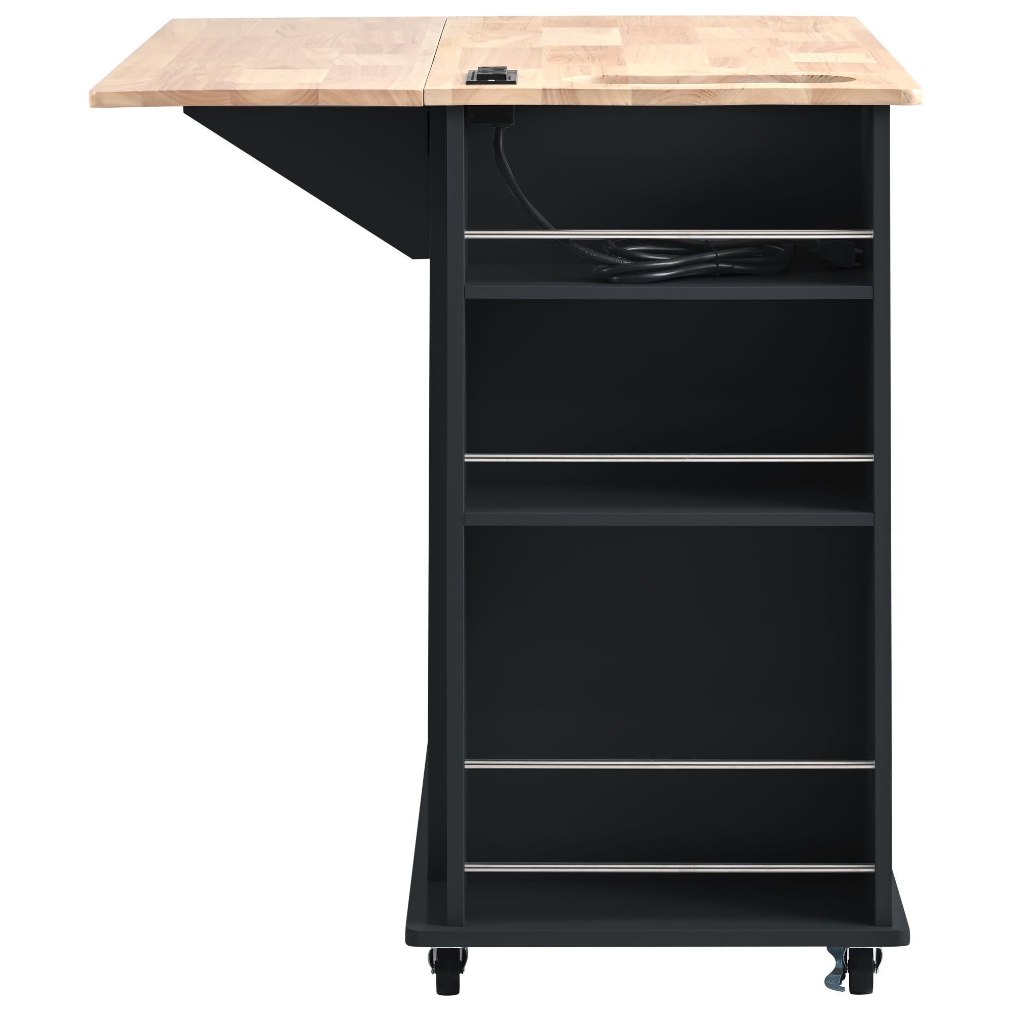 Black Kitchen Island Cart with Power Outlet, Drop Leaf & Rubber Wood - Open Storage, Wine Rack & 5 Casters - Adjustable Storage Organizer for Home Kitchen & Dining Room - Perfect for Small Spaces, Entertaining & Meal Prep