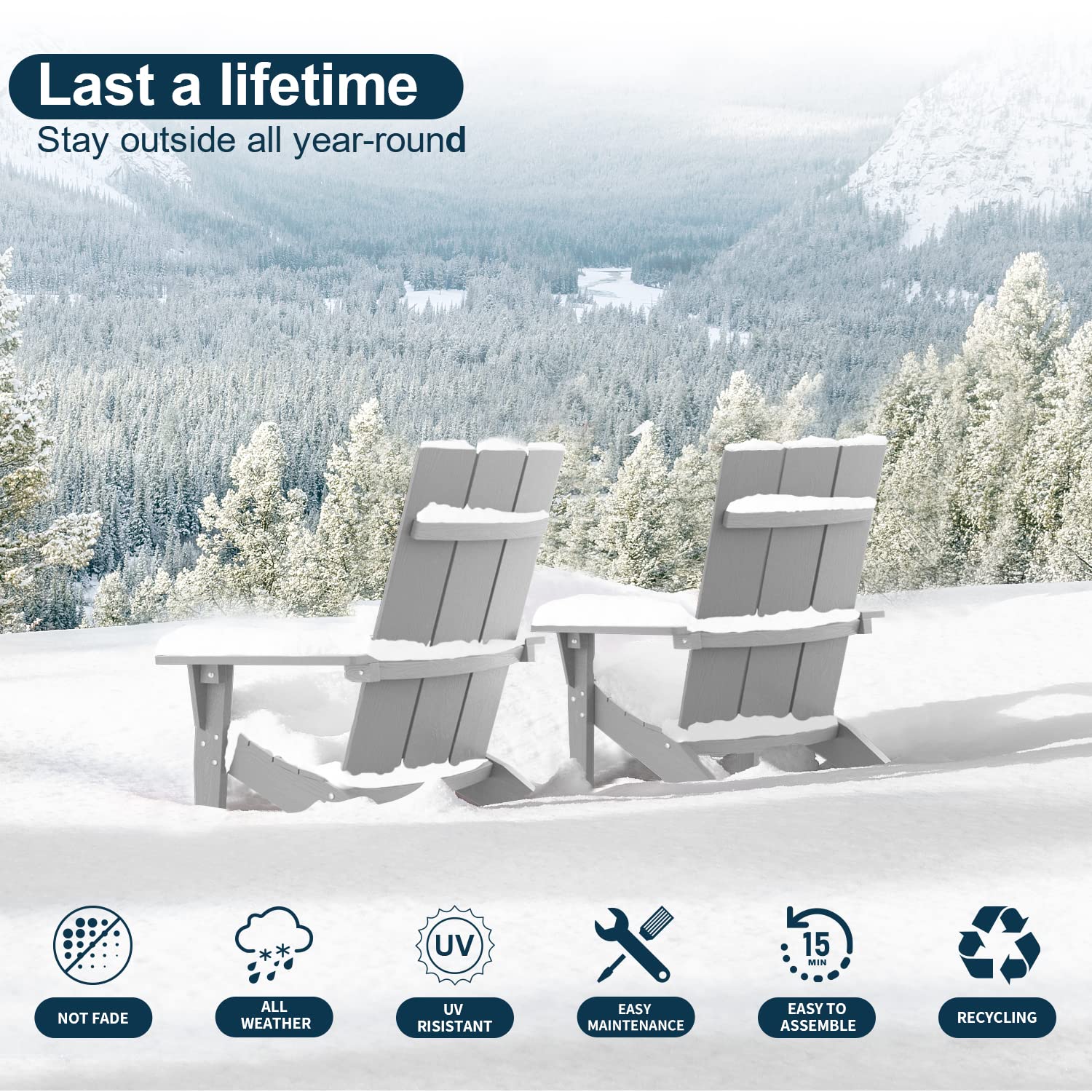 Premium Weather-Resistant MXIMU Modern Adirondack Chairs Set of 2 - Oversized Plastic Fire Pit Chairs with Cup Holder for Outdoor Patio, Garden, Backyard & Firepit Area Seating (Grey) - Perfect for Relaxing, Entertaining & Enjoying Outdoor Gatherings