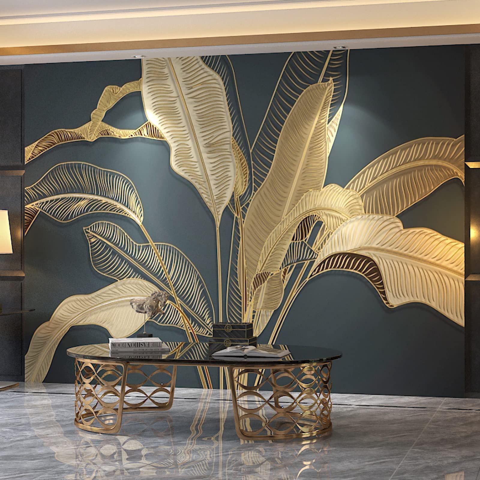 Embossed Retro Banana Leaf Wall Art Stickers Mural - Golden Texture 3D Large Wallpaper - Eco-Friendly Stain Resistant Luxury Home Decor - 157.5x110.3 inches (WxH) - Perfect for Bedroom, Living Room & Nursery Wall Painting