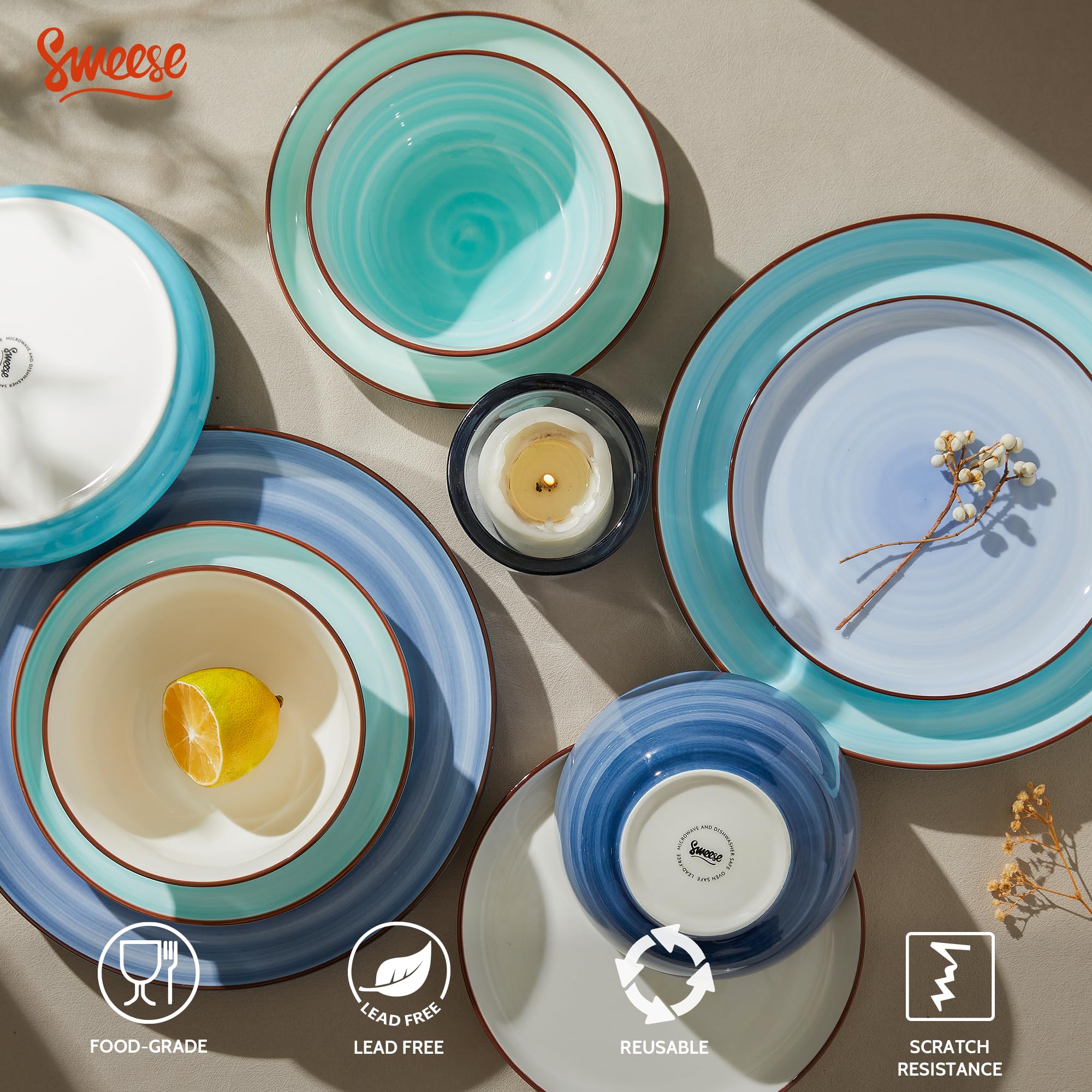 Sweese 18-Piece Porcelain Dinnerware Set - Round Plates & Bowls for 6, Microwave & Dishwasher Safe, Scratch-Resistant Hand-Painted Blue Swirl Design - Perfect for Family Dinners, Parties & Everyday Use
