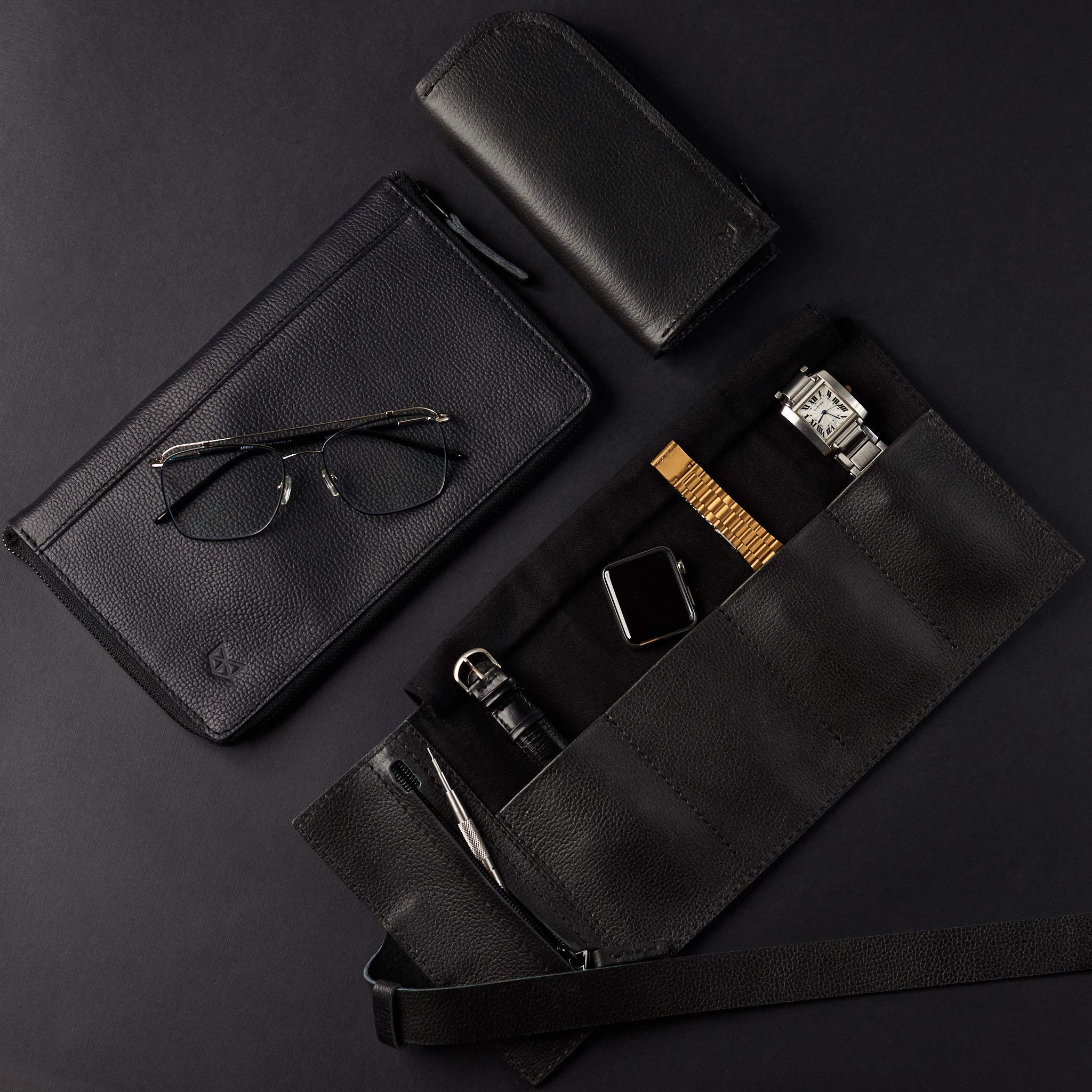 Premium Leather Watch Roll for Men - Black 3-Watch Travel Storage Pouch & Organizer Case | Fits Rolex, Apple Watch Bands & Luxury Watches | Perfect Gift for Him, Business Travel & Watch Collectors