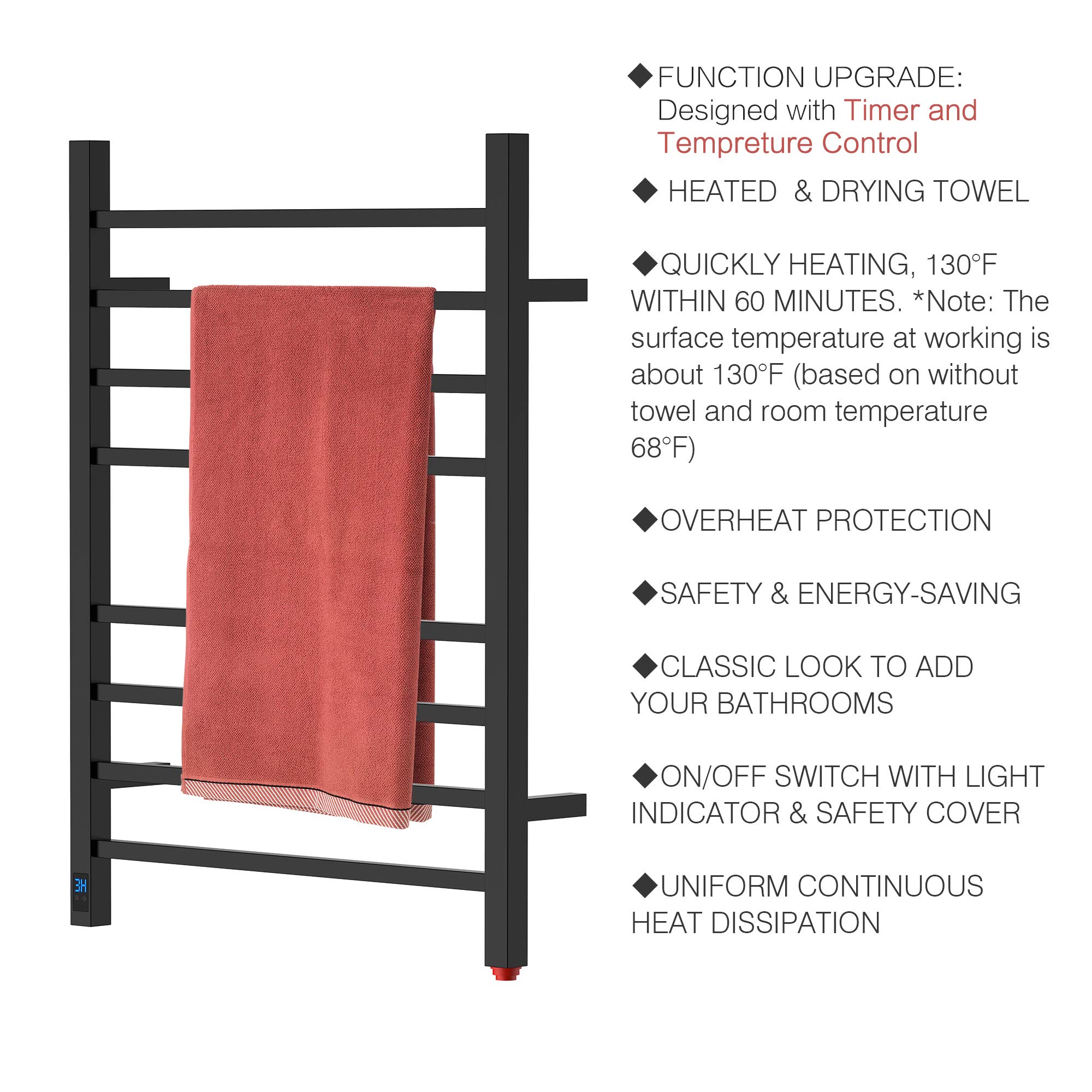 HEATGENE Electric Towel Warmer with Timer & Temperature Control - 8 Square Bar Wall-Mounted Towel Rack | Plug-in or Hardwired Installation | Matte Black | Perfect for Bathrooms, Spas & Luxury Homes