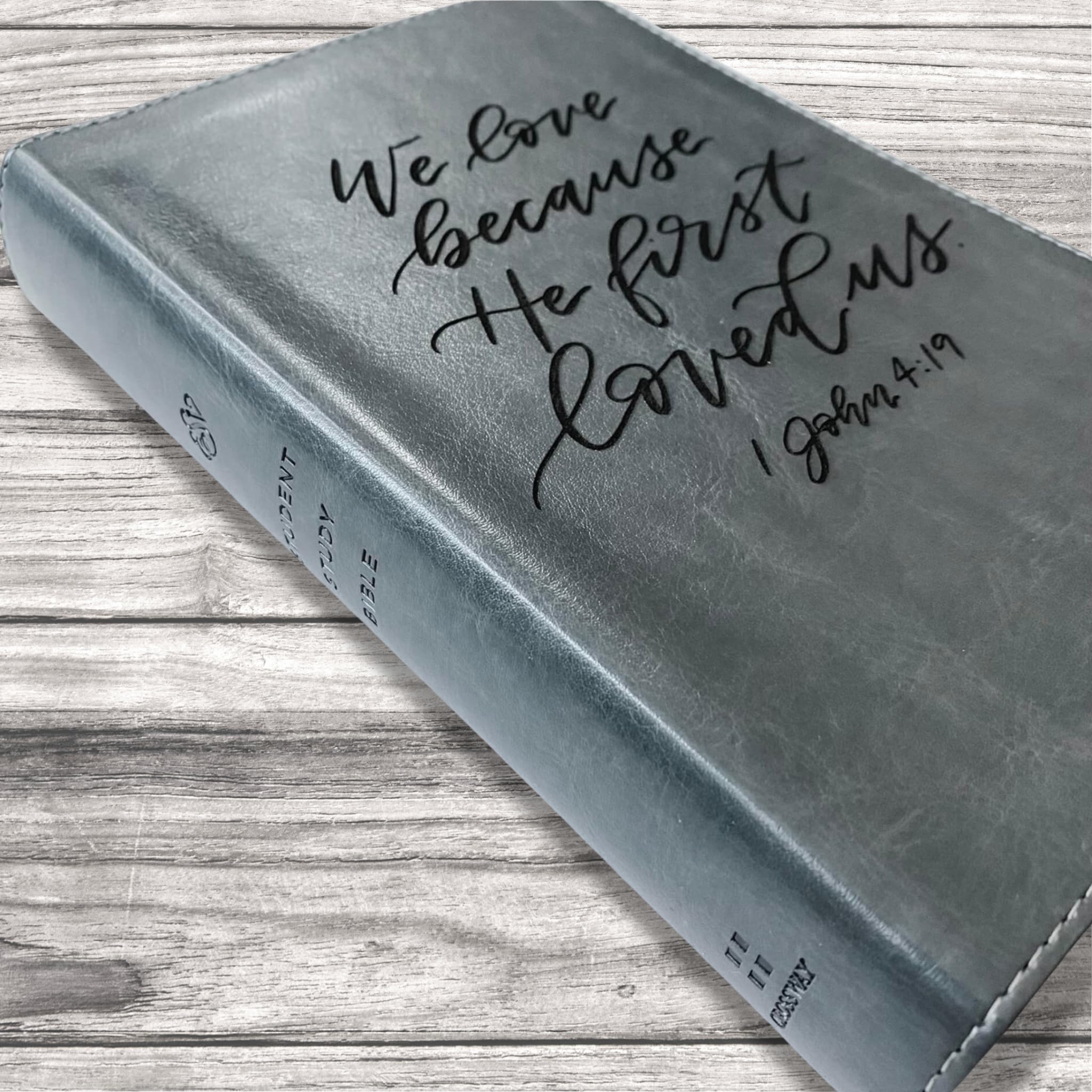 Hand Lettered & Laser Engraved ESV Bible - Gray TruTone Leather Cover Study Bible with Custom Name Engraving | Personalized Christian Gift for Students, Graduation, Baptism & Daily Devotion