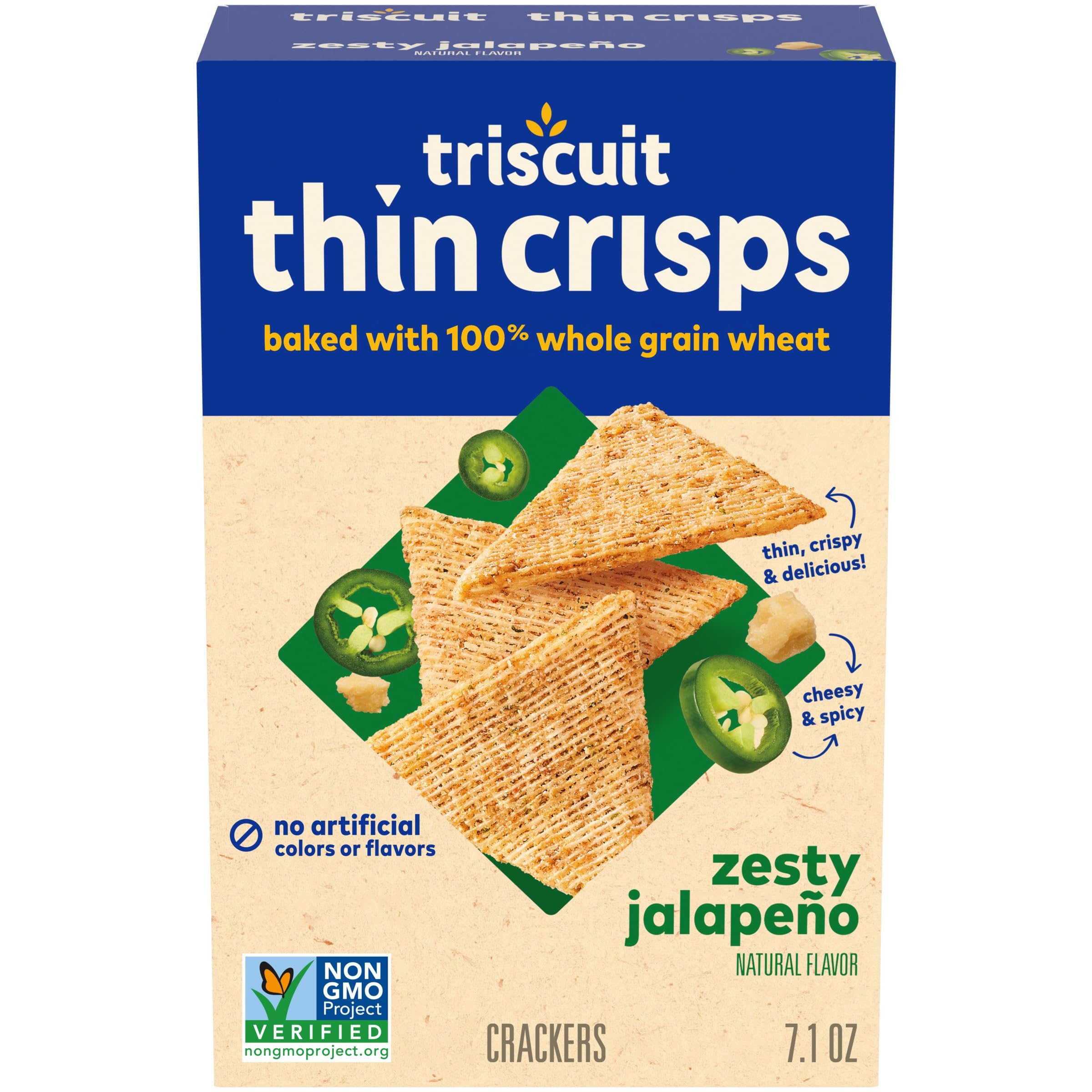 Triscuit Thin Crisps Zesty Jalapeno Whole Grain Wheat Crackers - Healthy Low Fat Snacks for Lunch, Office, or On-The-Go - 7.1 oz Pack (Perfect for Parties, Picnics & School Lunches)