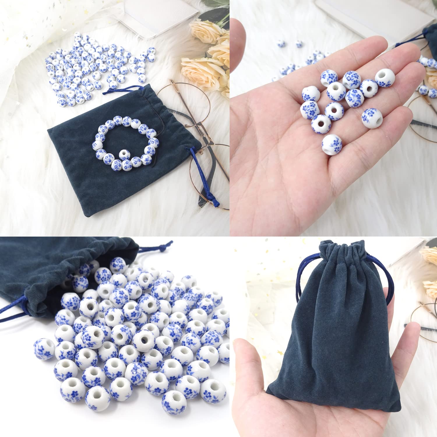 100PCS 10mm Blue Ceramic Beads for Jewelry Making - Porcelain Flower Spacer Beads with Drawstring Bag - DIY Necklace, Earrings & Bracelet Craft Supplies (Perfect for Boho, Wedding & Handmade Jewelry Designs)