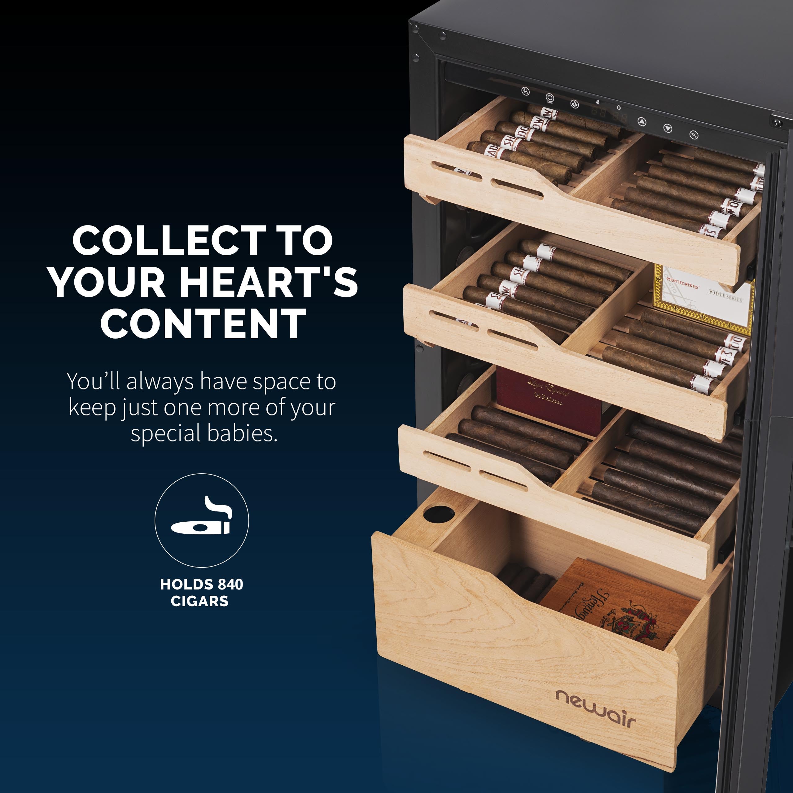 Newair® 840 Count Electric Cigar Humidor with Built-In Hygrometer - Premium Cigar Storage for Home, Office, or Lounge - Perfect for Cigar Enthusiasts and Collectors