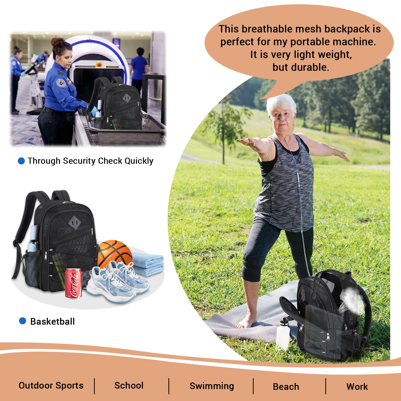 MOONBABY Heavy Duty Mesh Backpack for Boys - Transparent School Backpack with Breathable Design - Perfect for Swimming, Beach, Sports, Work & Travel - Durable See-Through Bookbag for School, Gym & Outdoor Activities (Black)