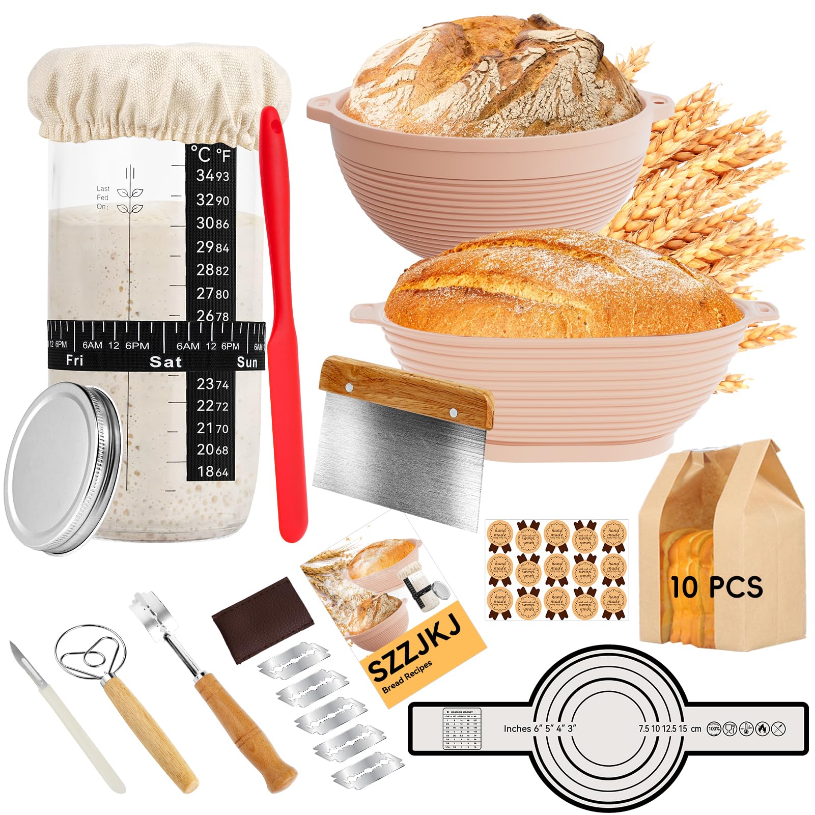 **24PCS Sourdough Starter Kit for Beginners – 2 Silicone Banneton Bread Proofing Baskets, 10 Bread Bags – Complete Baking Supplies for Homemade Artisan Bread | Perfect for Home Bakers & Bread Lovers**