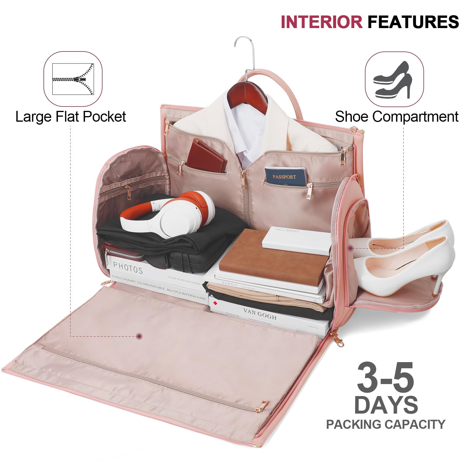 Modoker Rolling Garment Bags with Wheels - PU Leather Convertible Travel Garment Duffel Bag for Women, Trolley Suitcase Luggage with Smooth Wheels (Pink) - Perfect for Business Trips, Vacation & Airplane Travel