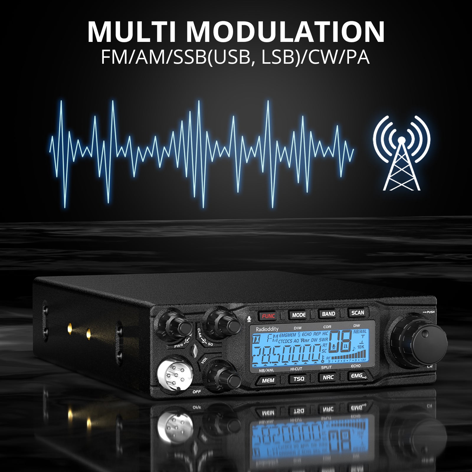 Radioddity QT80 10 Meter Ham Radio - 80W High Power, FM/AM/SSB/CW/PA Modes, Noise Reduction & Microphone Gain - Ideal for Truckers, Off-Roading & Emergency Communication