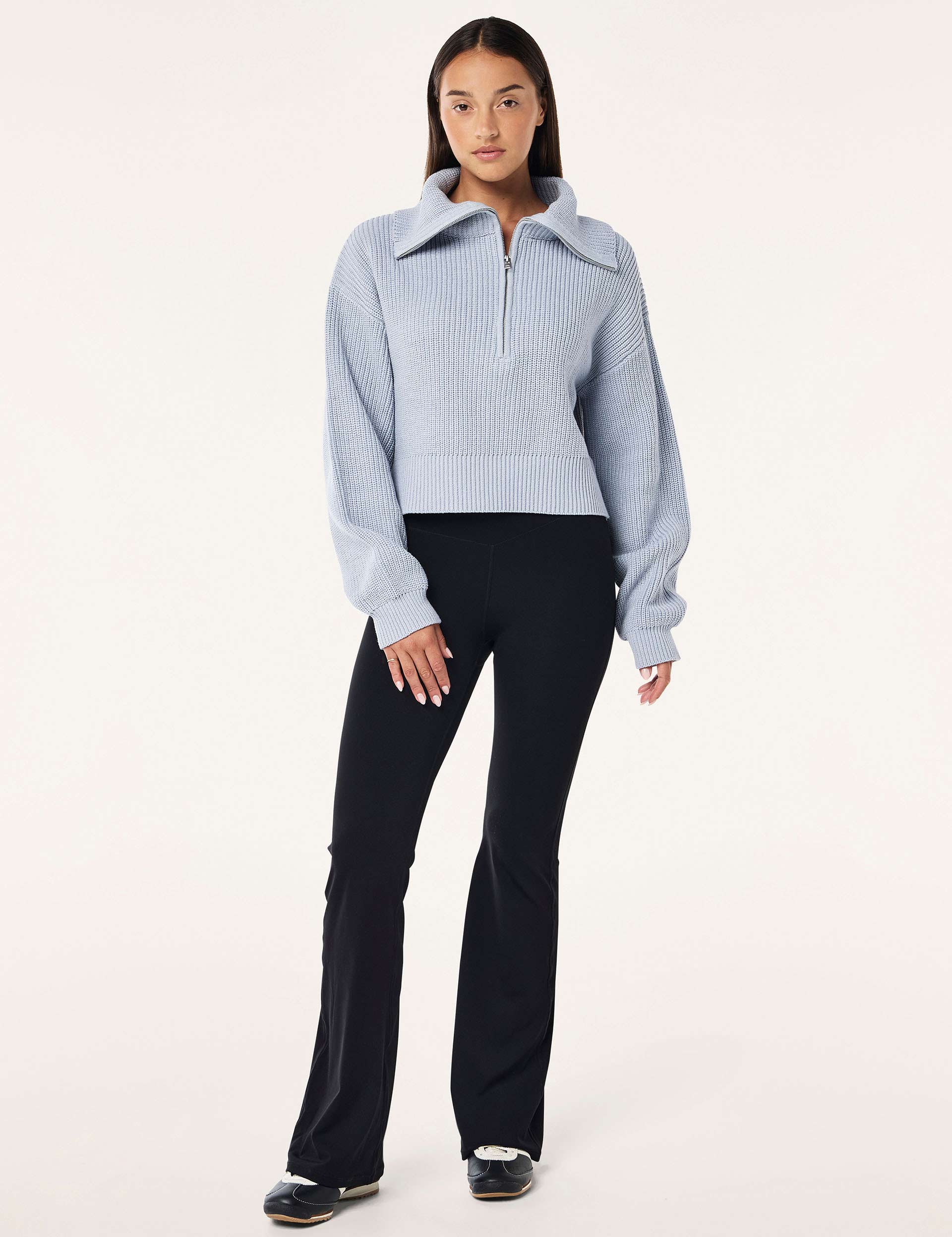 Premium High Season Zip Neck Knit Sweater for Women - Soft & Warm Ice Blue Pullover - Perfect for Winter Fashion, Casual Outings & Cozy Layering
