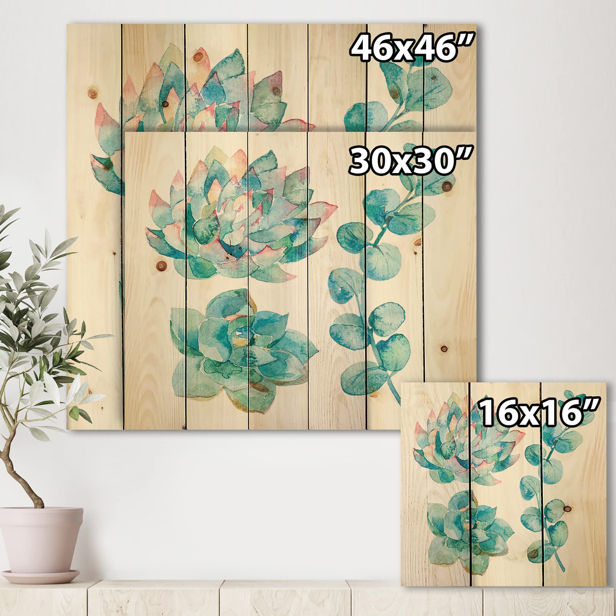 DesignQ Eucalyptus Leaves & Succulents Wood Wall Art - Handcrafted Pine Wood Decor with Floral Prints - Large Rustic Wall Panels for Living Room, Bedroom & Office Decor