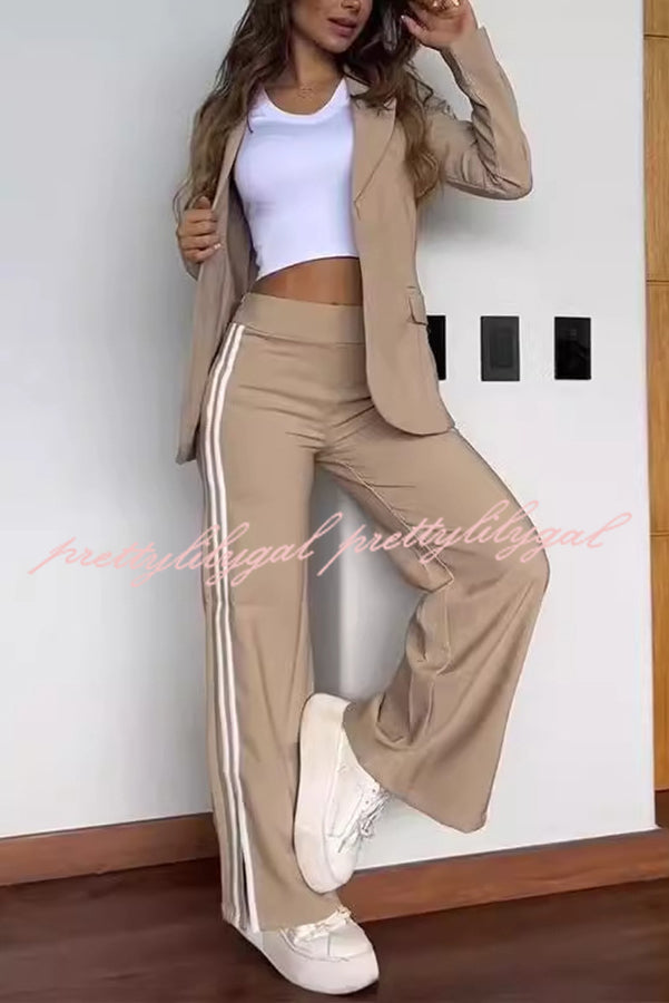 Stylish Striped Lapel Blazer & Elastic Waist Pants Set - Sporty Formal Outfit for Women | Office Wear, Business Casual, Cocktail Parties & Special Occasions