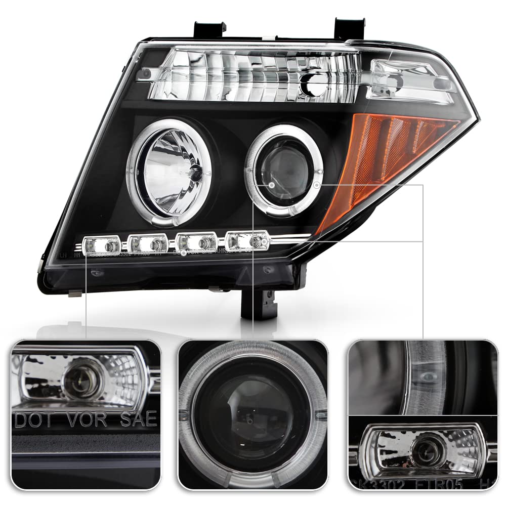 ACANII LED Halo Projector Headlights for 2005-2008 Nissan Frontier & 2005-2007 Pathfinder - Black Housing Headlamps Pair (Left+Right) | Improved Night Visibility & Stylish Upgrade