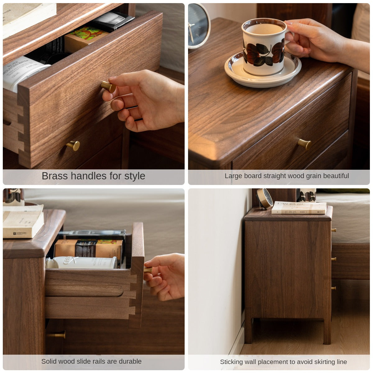 Premium Black Walnut Solid Wood Nightstand - Modern Nordic Style Bedside Table for Bedroom, Living Room & Office Furniture