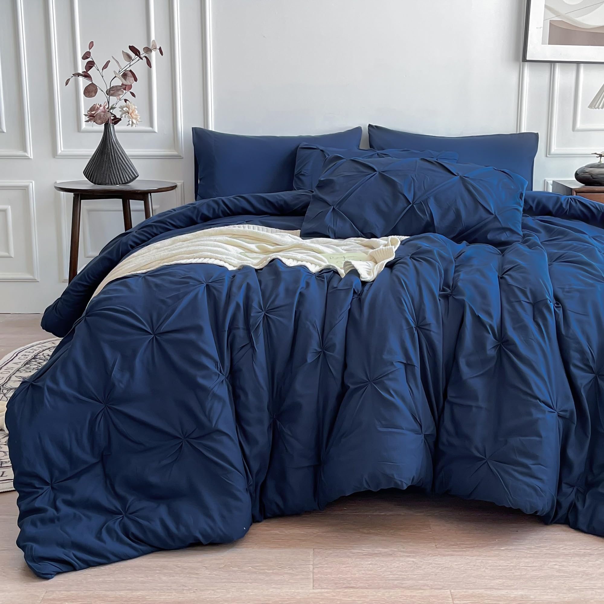 Maple&Stone King Size Comforter Set - 7 Piece Luxury Bedding Collection with Pintuck Design, Includes Comforter, Sheets & Pillowcases (Navy Blue) - Perfect for Master Bedroom, Guest Room & Hotel Style Decor